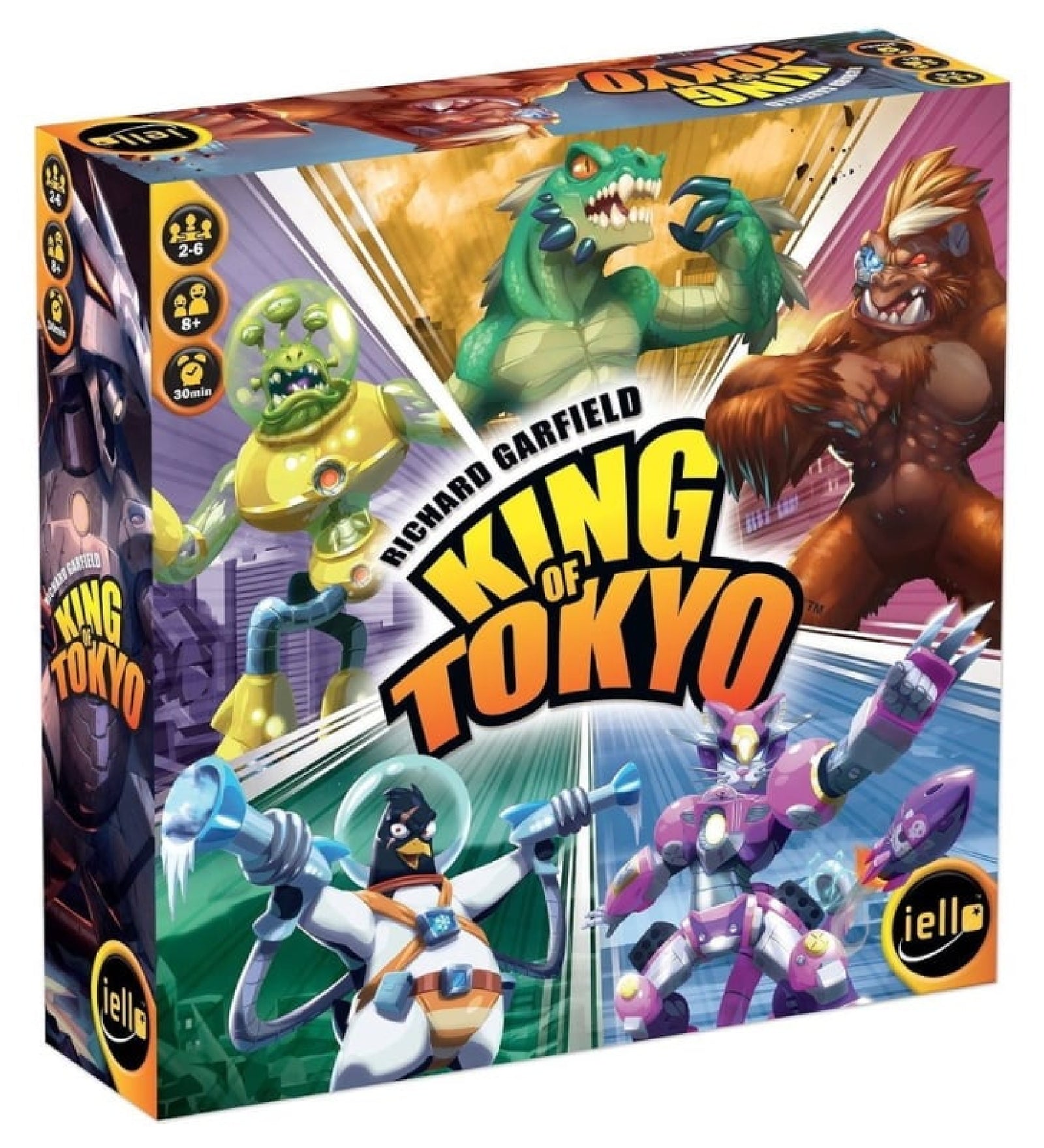 A King of Tokyo: New Edition társasjáték színes doboza, amelyen a játék ikonikus szörnyei – köztük Cyber Kitty, The King és Alienoid – láthatók akció közben. A doboz kiemeli, hogy a játék 2–6 fő számára készült, 8 éves kortól, körülbelül 30 perces játékidővel.