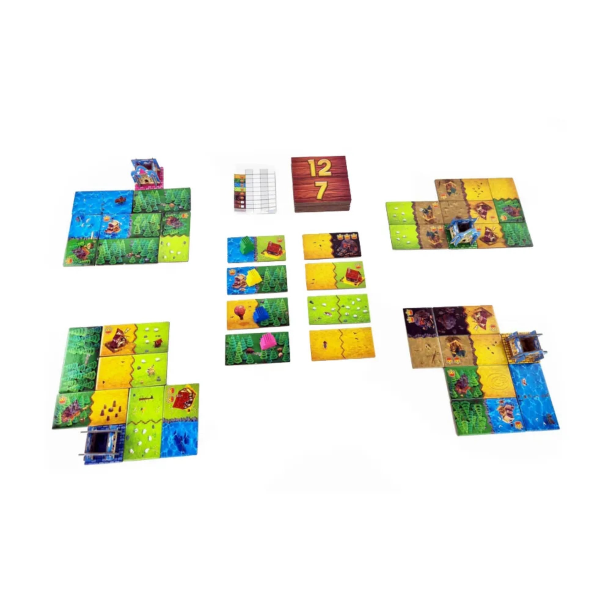 A Kingdomino társasjáték többjátékos elrendezésben – különböző birodalmak kialakítása, pontozólap és dominólapok a játék közepén.