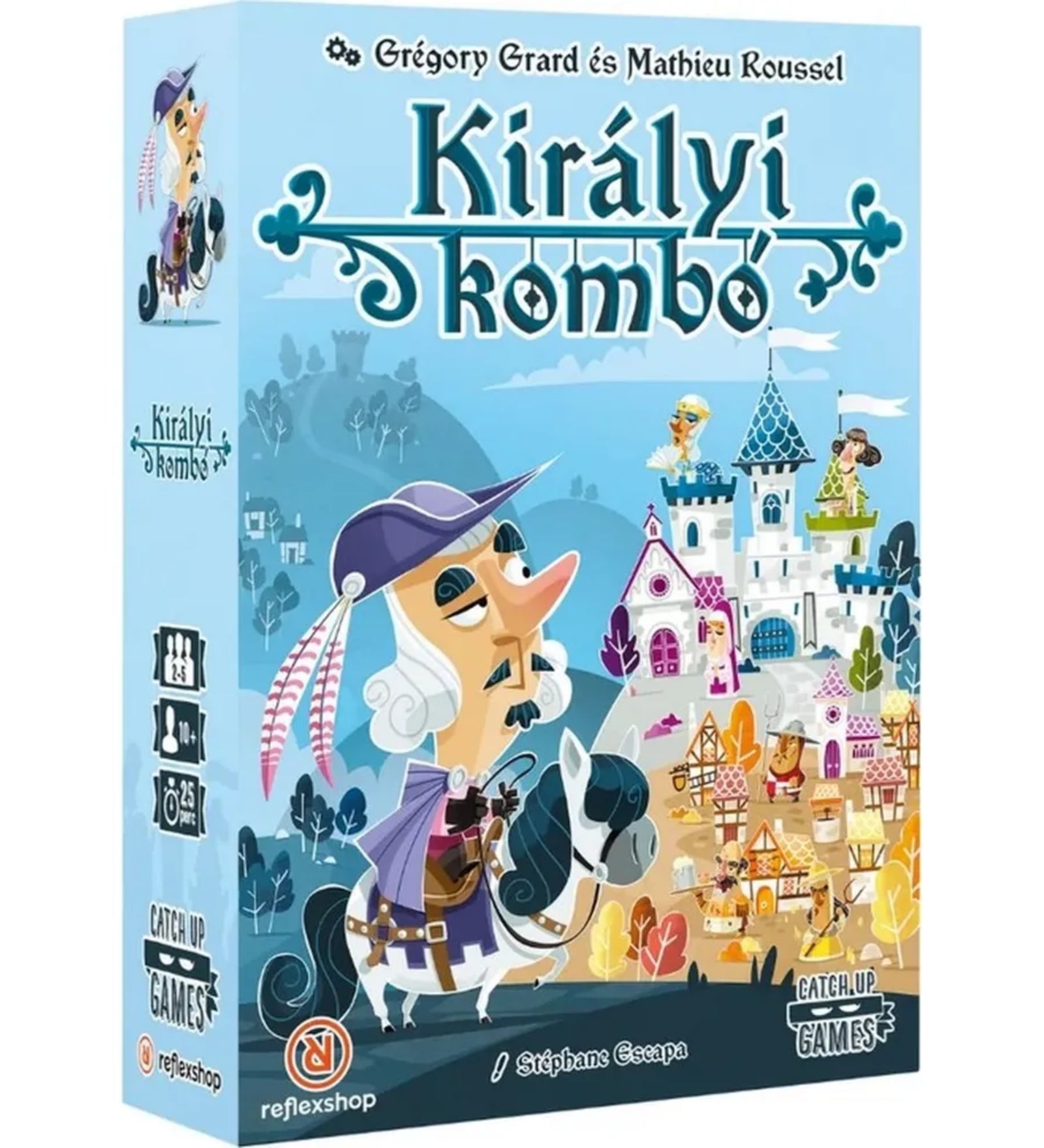 Királyi kombó társasjáték doboza vidám, meseszerű illusztrációval, amelyen a királyi udvar, vár és lovag karakterek láthatók kék háttérrel.