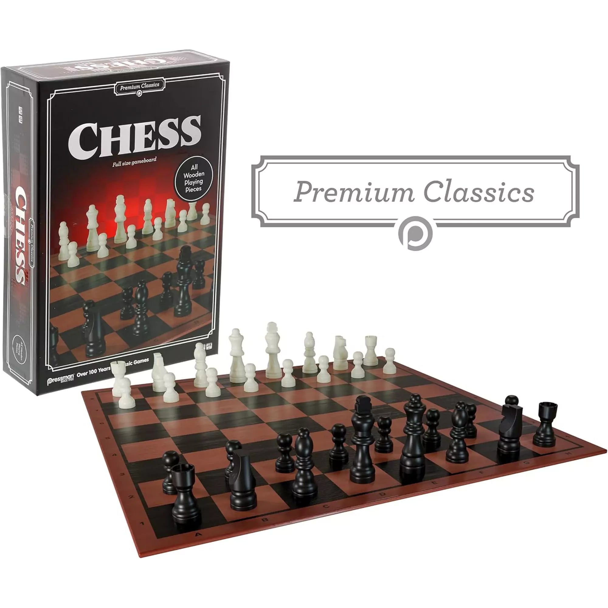 A „Klasszikus sakk, többnyelvű társasjáték” teljes játéktartalma: fa sakktábla felállított fekete és fehér figurákkal, mellette a doboz és a Premium Classics logó.