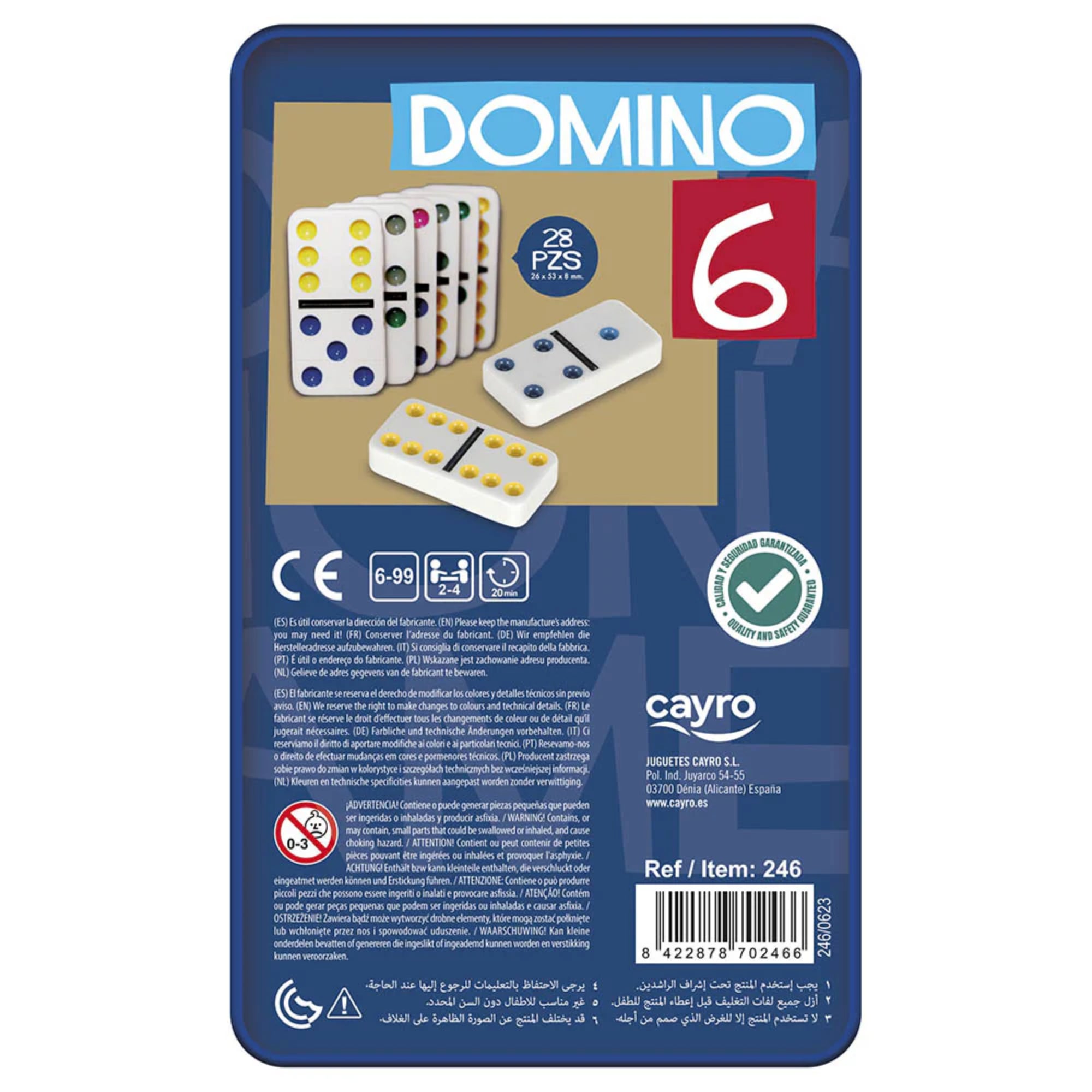 Domino 6 dominó játék fémdoboz hátoldala termékinformációkkal és a 28 darabos készlet jelölésével.