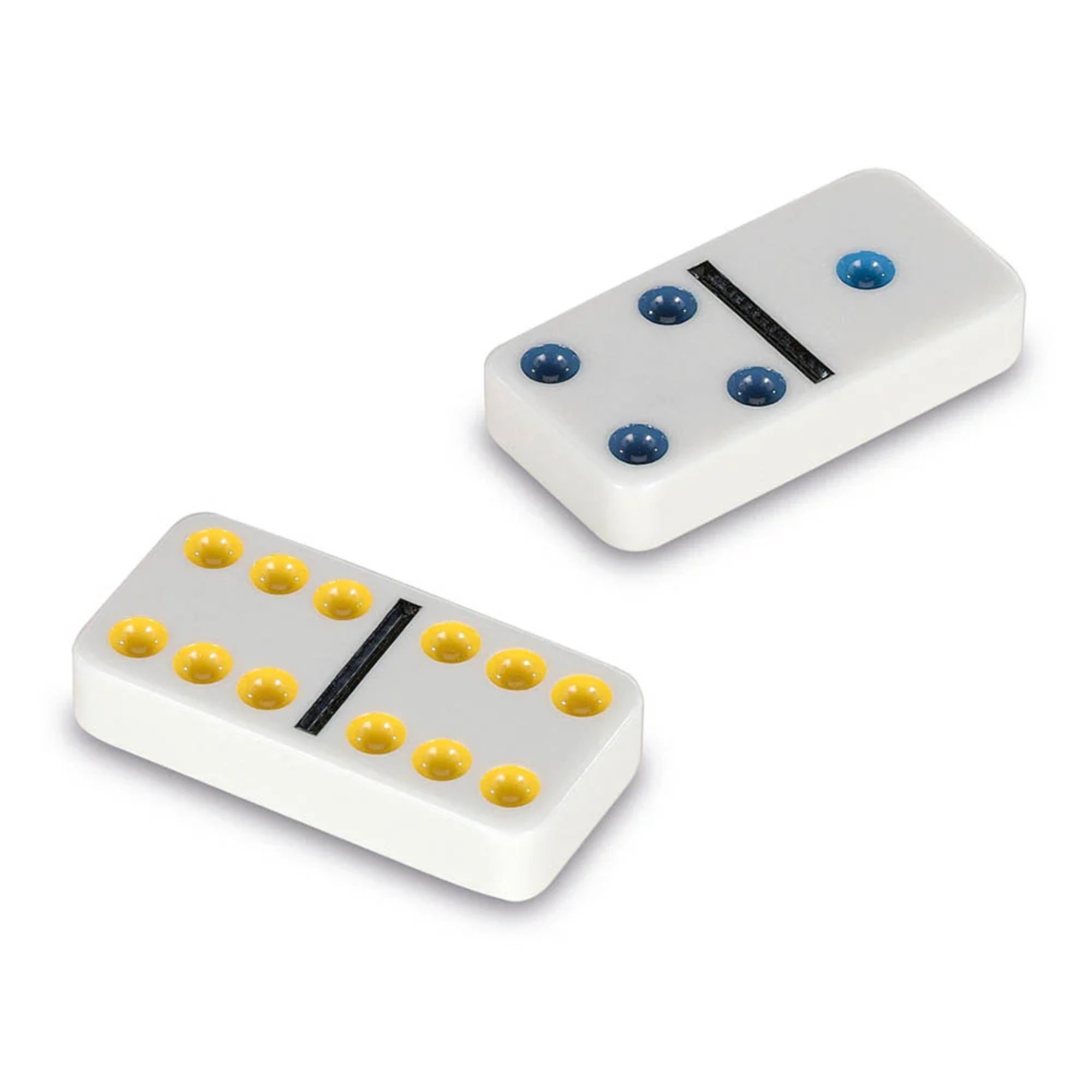 Két dominólap közelről – fehér dominók kék és sárga pöttyökkel, műanyag kivitelben.