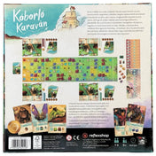 Kóborló Karaván – A társasjáték dobozának hátoldala, részletes játéktábla-elrendezéssel, figurákkal, kártyákkal és játékelemekkel.