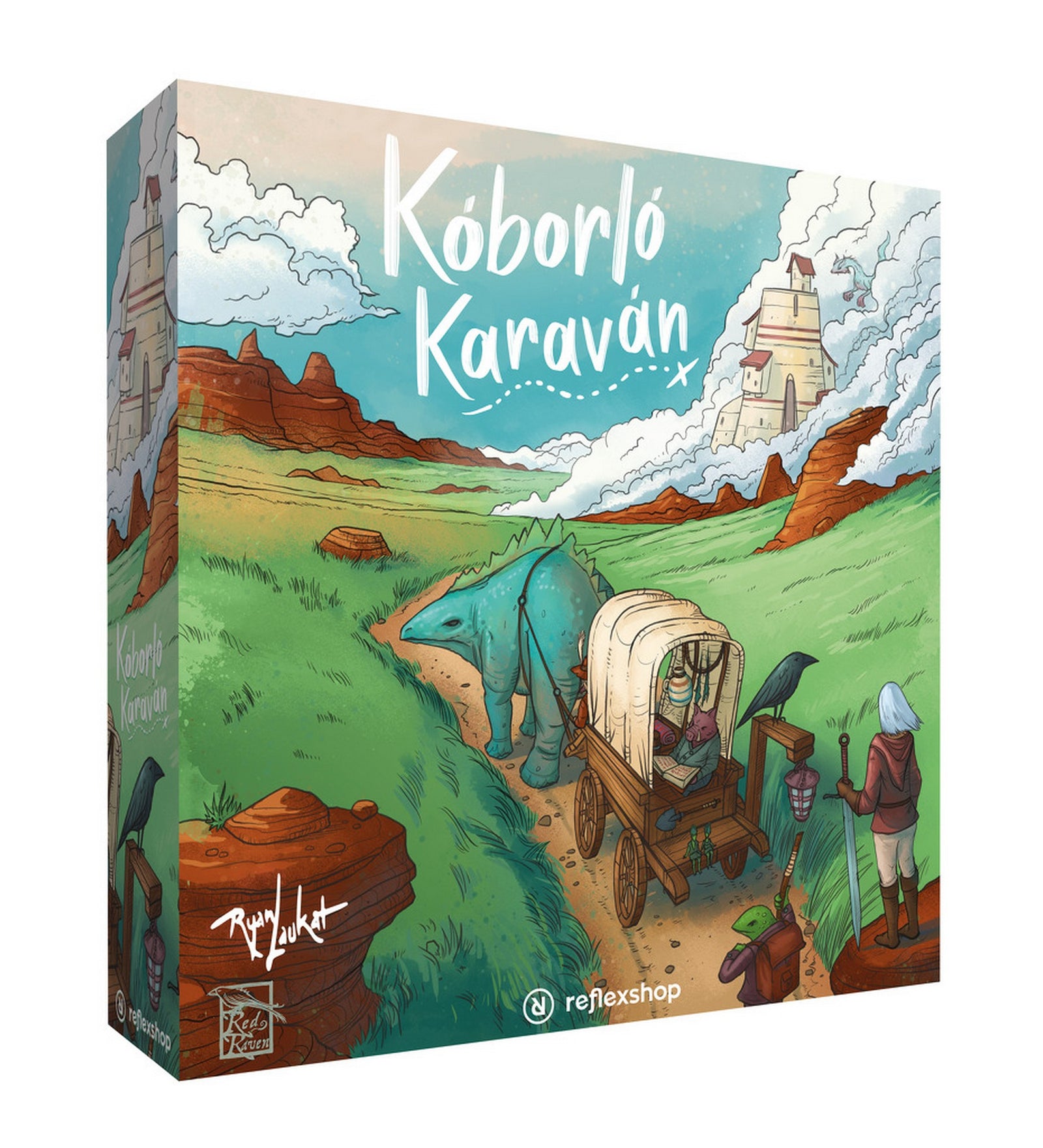 Kóborló Karaván – A társasjáték doboza, illusztrált karavánnal, elefánttal és fantáziavilág tájképpel.