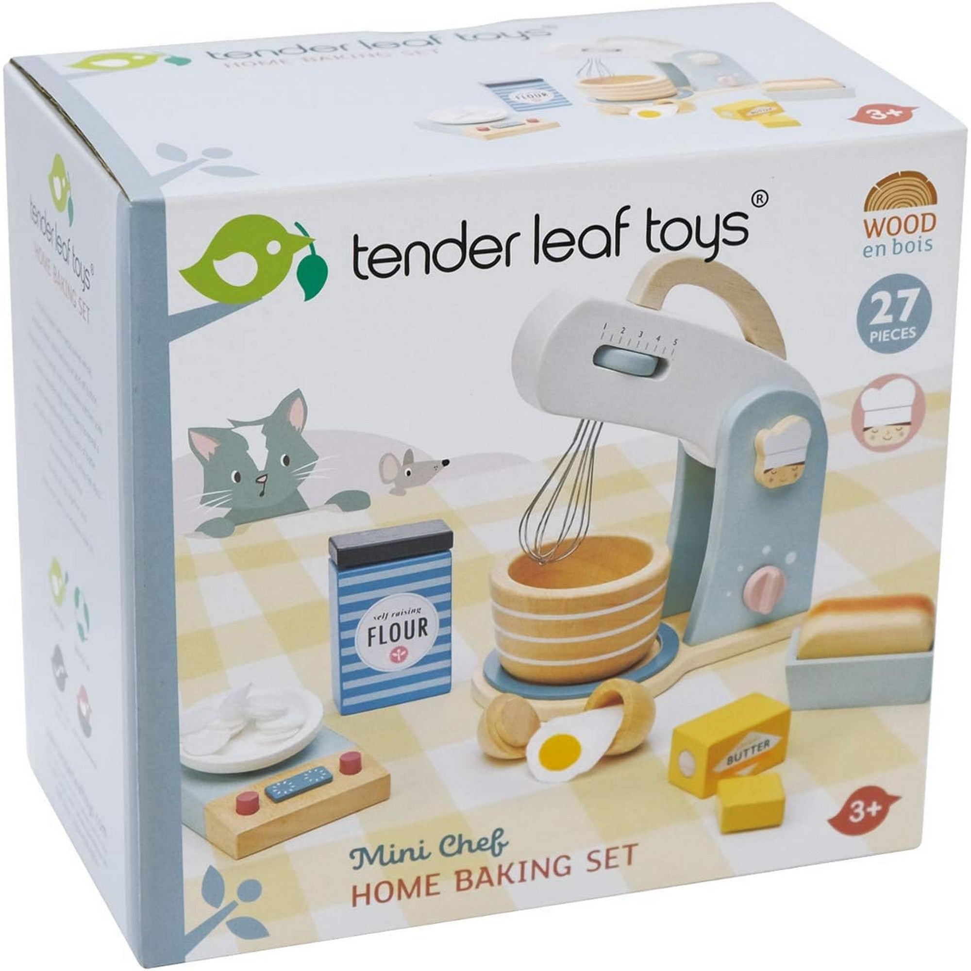 Első kép: A Tender Leaf Toys Mini Chef Home Baking Set doboza, amely fa játékkonyhai sütőkészletet tartalmaz, lisztes dobozzal, tojással, vajjal és habverős keverőgéppel.