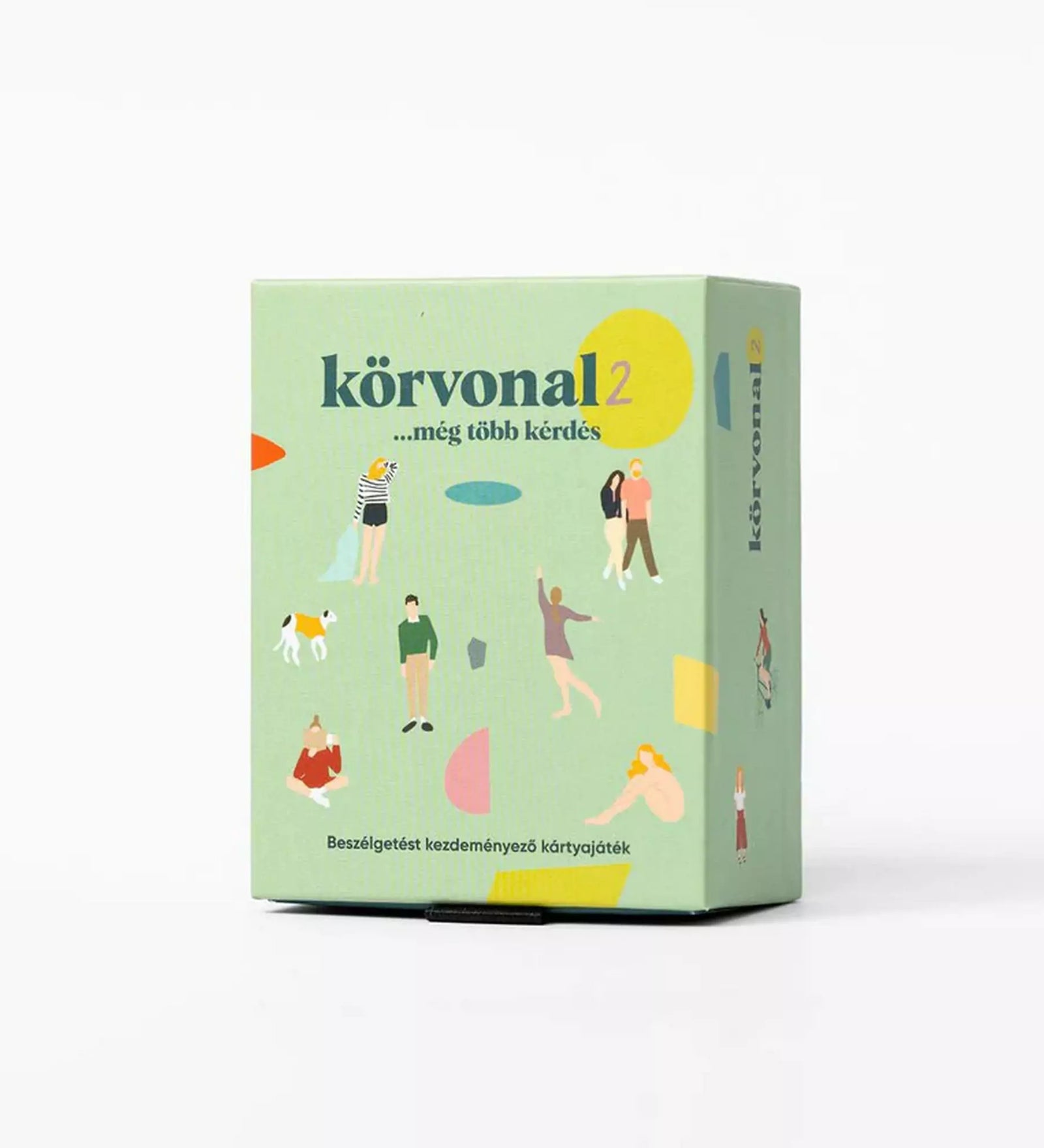 A Körvonal 2 – még több kérdés kártyajáték doboza, világoszöld alapon illusztrált figurákkal és színes formákkal, a játék célja beszélgetésindítás.