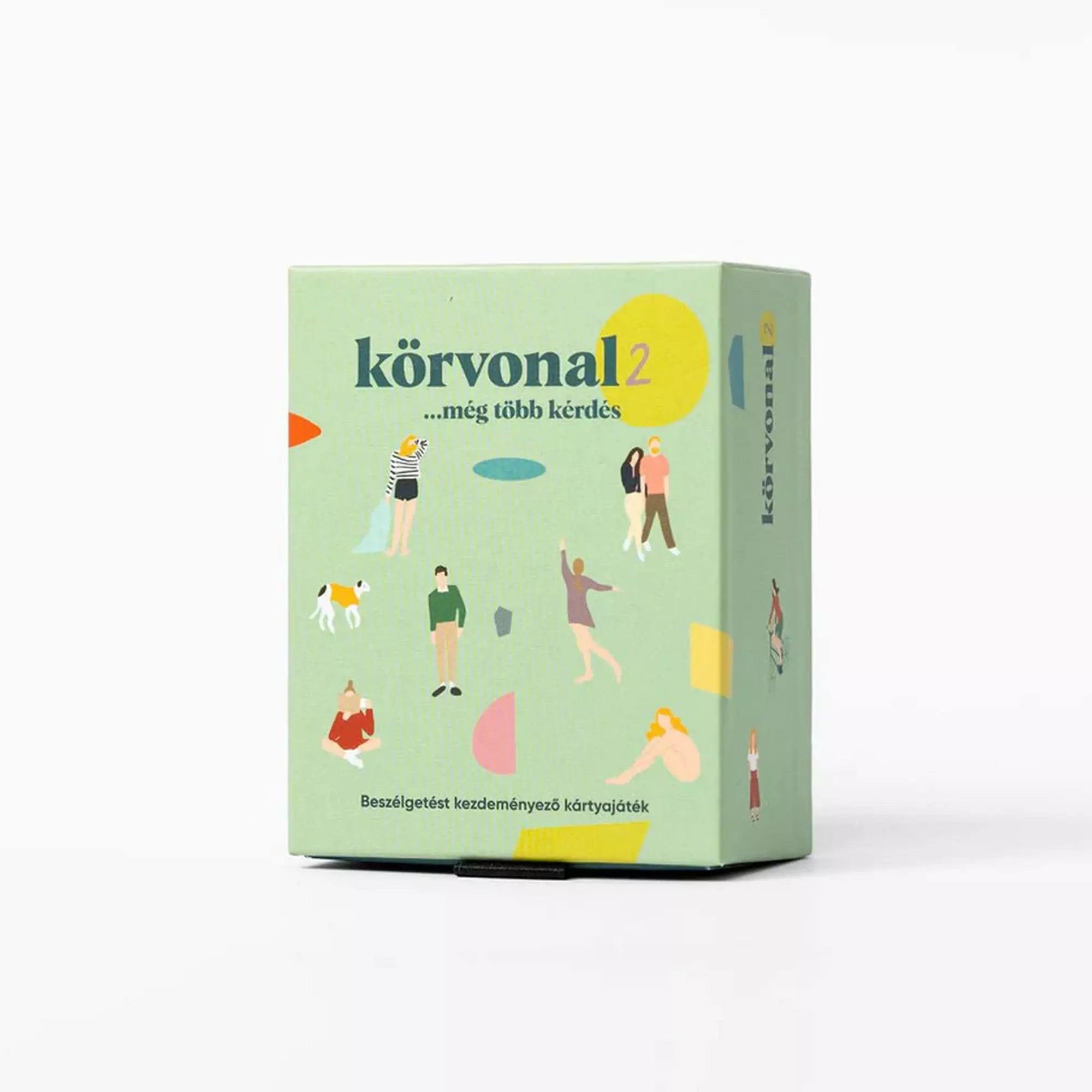 A Körvonal 2 – még több kérdés kártyajáték doboza, világoszöld alapon illusztrált figurákkal és színes formákkal, a játék célja beszélgetésindítás.