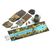 Ez a kép a River Valley Glassworks társasjáték Deluxe Edition változatának teljes tartalmát mutatja be lenyűgöző elrendezésben. Az alsó részen egy színes folyó menti játéktábla terül el, amely tele van aprólékosan kidolgozott részletekkel: erdők, hidak, városkák és egy kikötő is feltűnik rajta. A jobb oldalon egy kis zsákból elővett színes üveggolyók, lapkák és korongok láthatók, bal oldalon pedig karaktertáblák, kártyák, és vidám állat meeple-ök sorakoznak – mókus, teknős, aligátor és hód formában.
