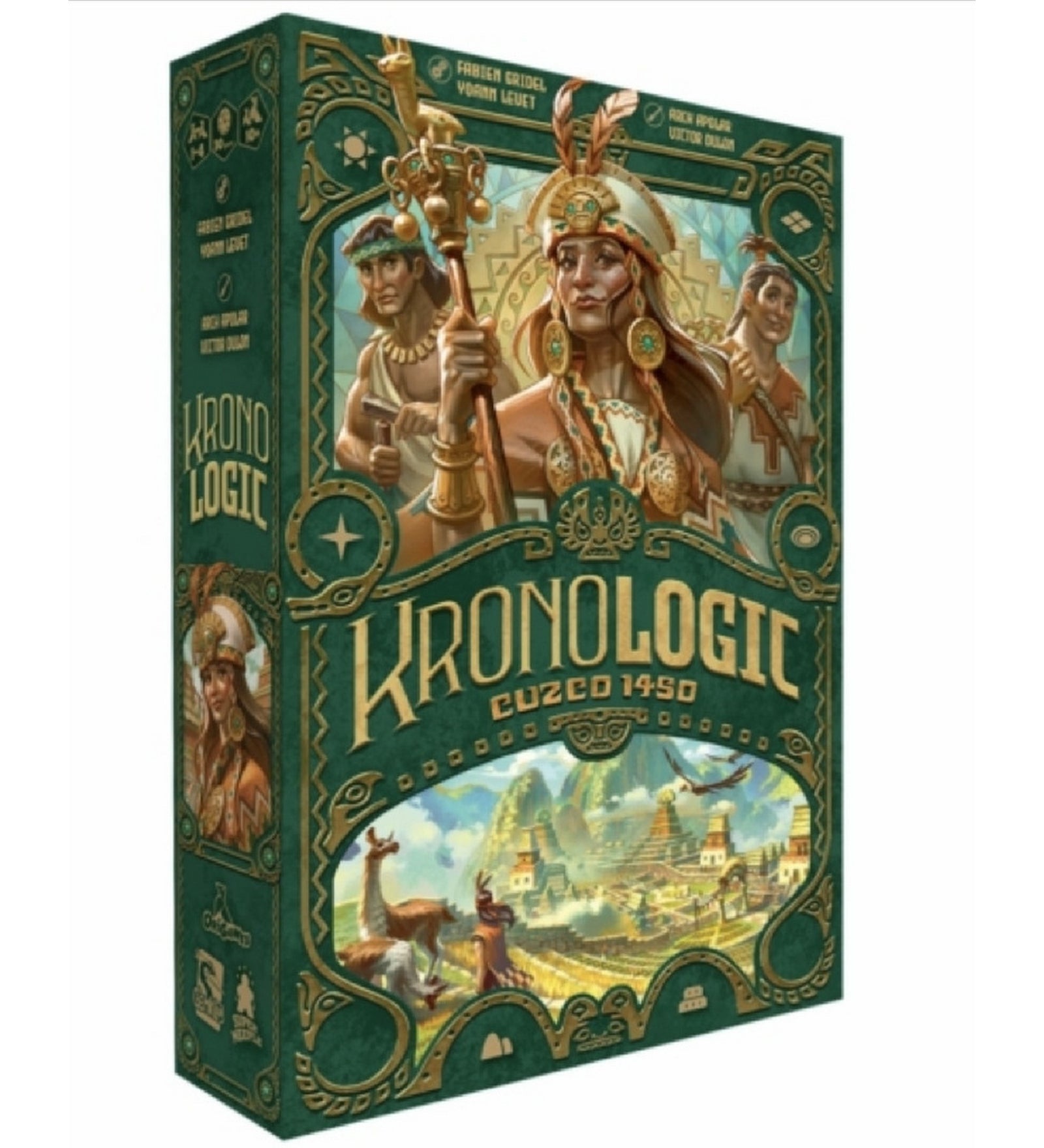 A Kronologic: Cuzco 1450 társasjáték doboza, részletgazdag illusztrációval az inka civilizációról és uralkodóikról, zöld-arany díszítéssel.