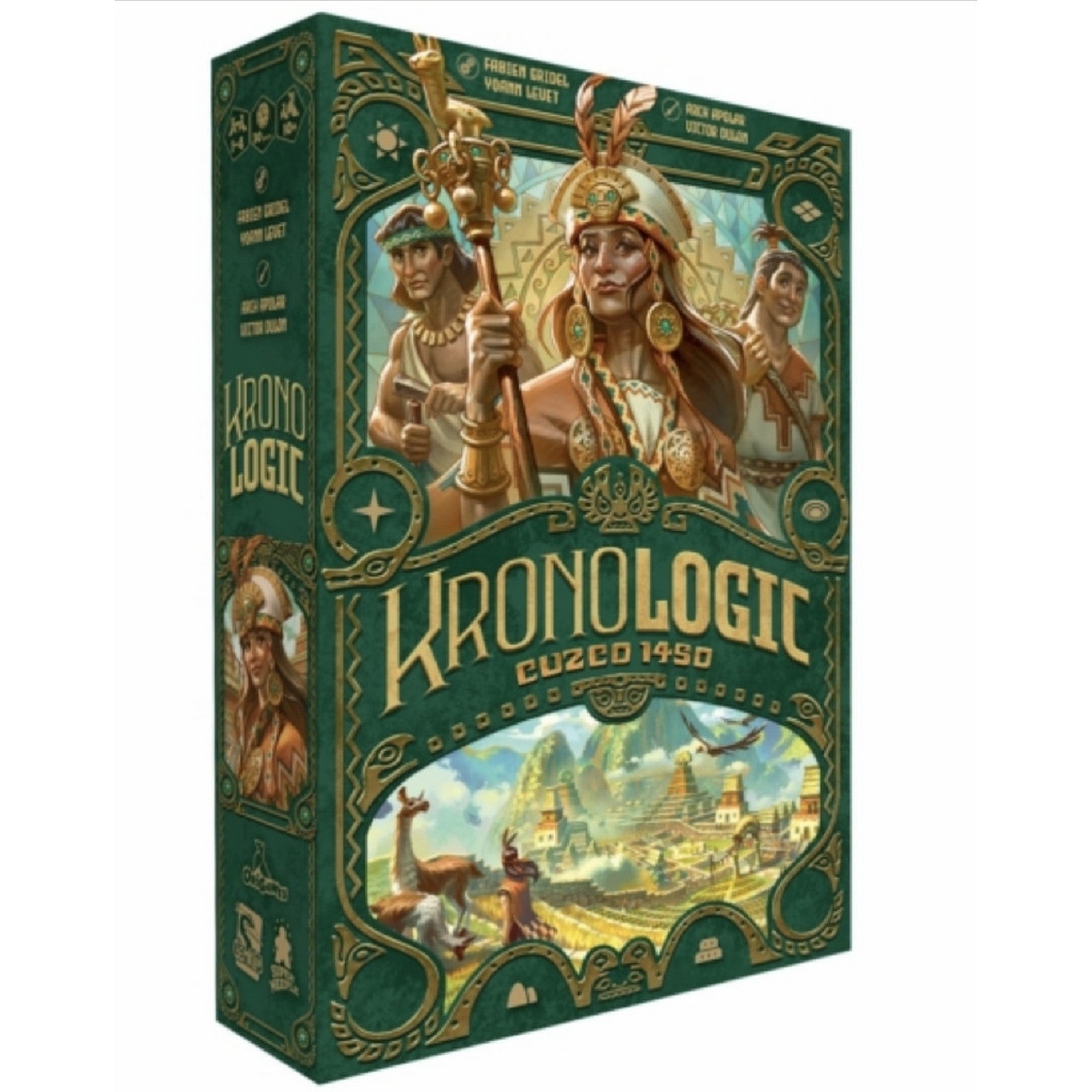 A Kronologic: Cuzco 1450 társasjáték doboza, részletgazdag illusztrációval az inka civilizációról és uralkodóikról, zöld-arany díszítéssel.