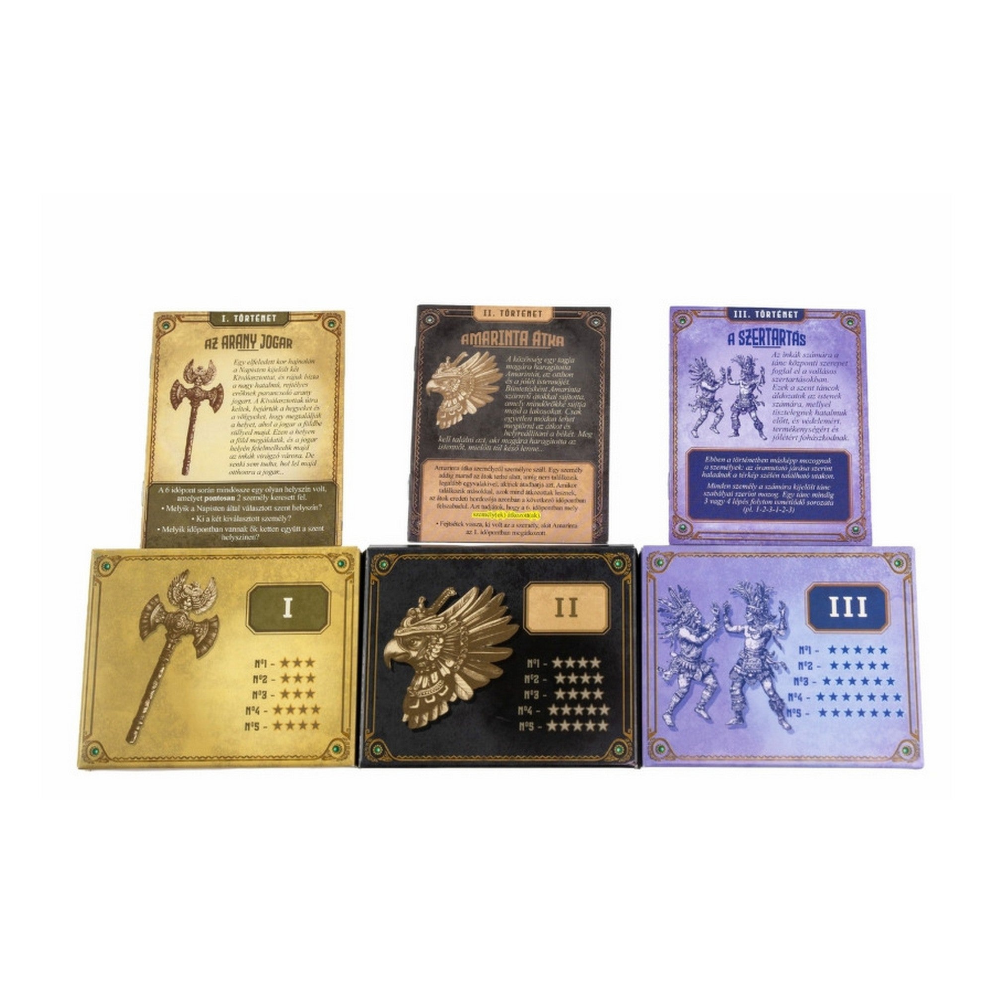 A Kronologic: Cuzco 1450 történetlapjai, köztük Az arany jogar, Az Amarinta átok és A szertartás küldetései, részletes leírásokkal és pontozással.