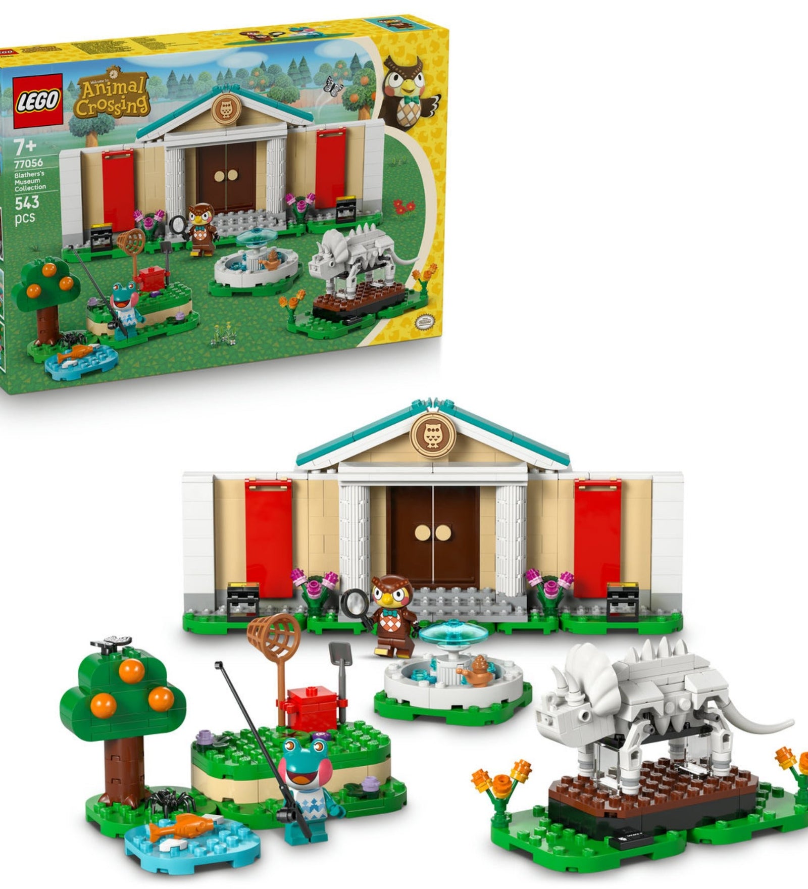 A LEGO 77056 készlet doboza és az összeállított múzeumi jelenet együtt látható: előtérben a részletes elemek és karakterek, háttérben a sárga doboz dizájnja, az Animal Crossing logóval, bagoly illusztrációval és a 543 darabos jelöléssel.