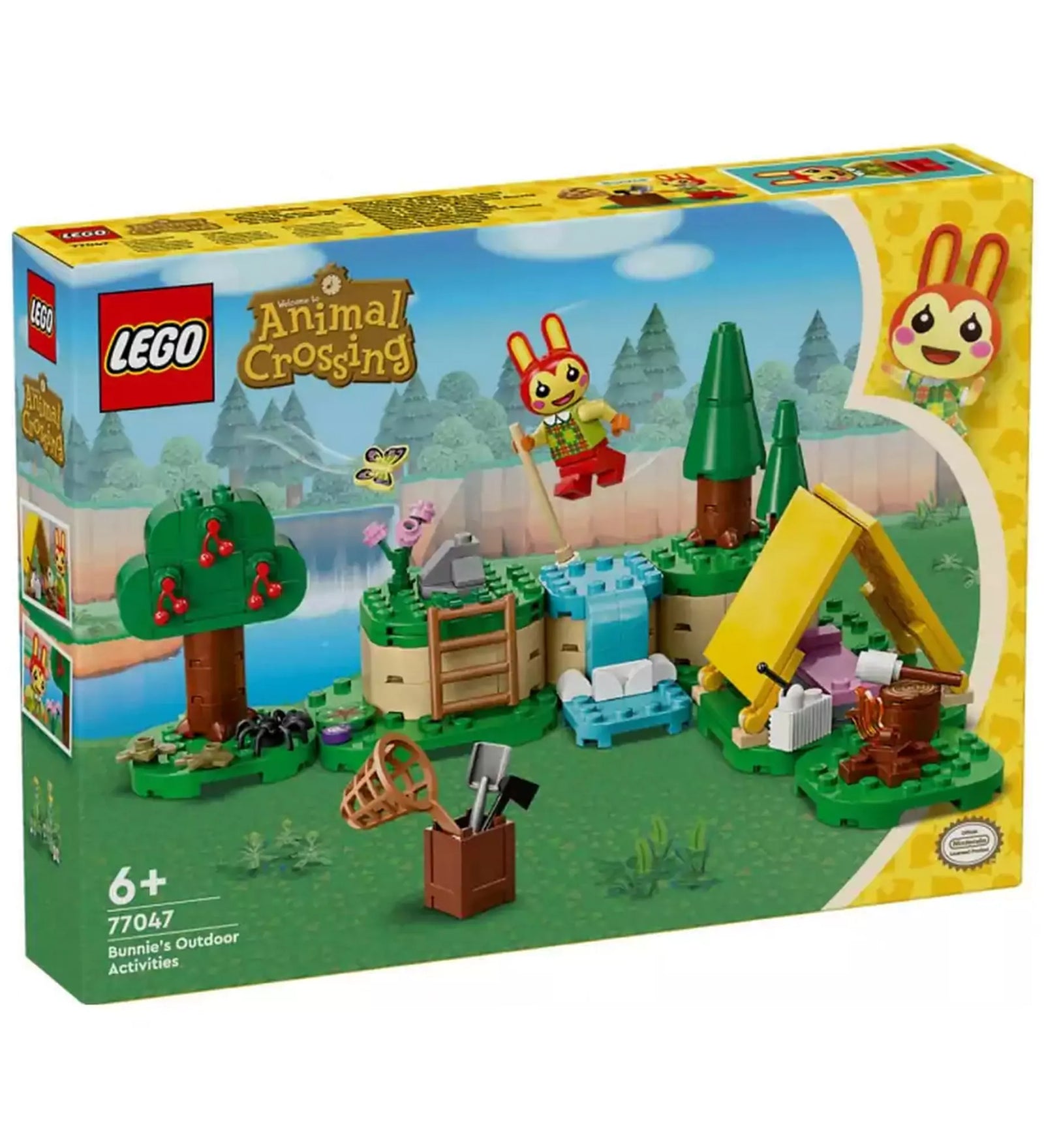 LEGO Animal Crossing Bunnie szabadtéri tevékenységei (77047) dobozkép – A LEGO Animal Crossing készlet doboza, amely Bunnie karakterét, egy erdei sátort, cseresznyefát és vízesést ábrázol egy festői háttérrel.