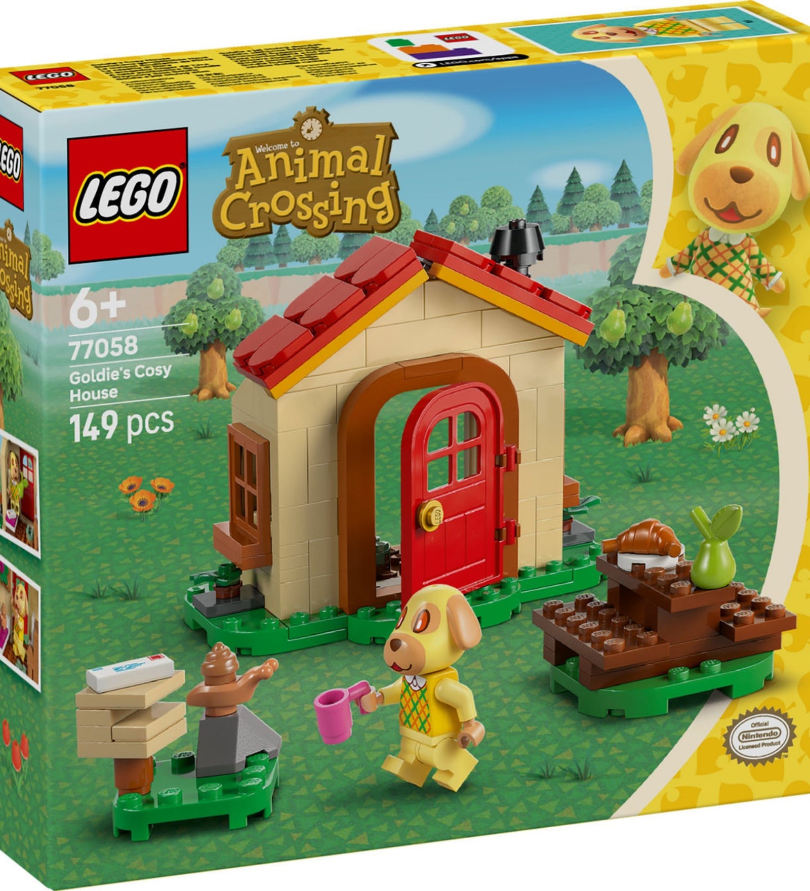 A LEGO Animal Crossing 77058 készlet doboza közelről, előtérben a Goldie figura, a kis házikó, pihenőpad, levelek, postaláda és gyűjtői részlet – 149 darabos készlet 6 éves kortól, hivatalos Nintendo termék.