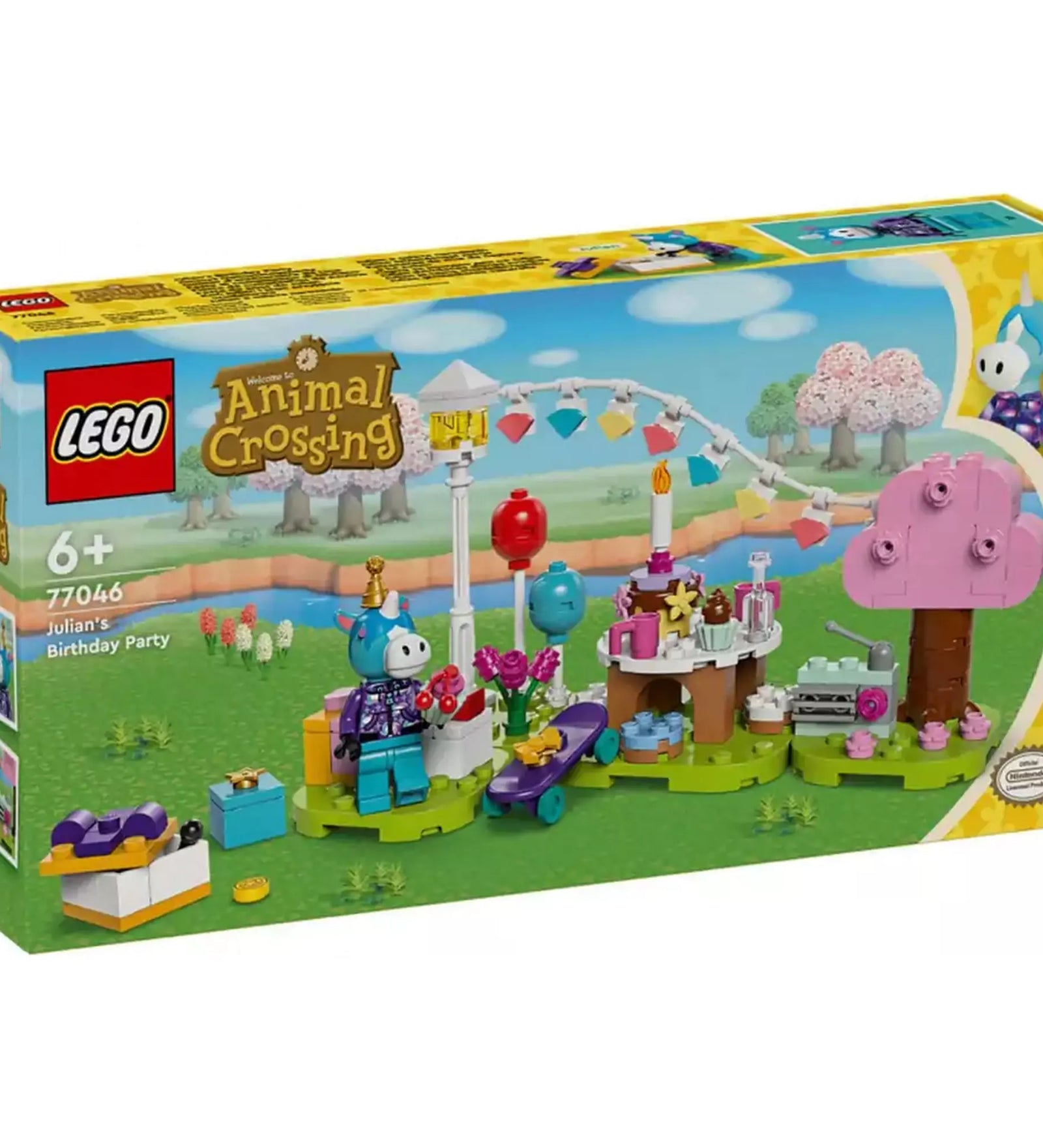 A LEGO Animal Crossing Julian születésnapi bulija (77046) szett doboza, rajta a színes ünnepi jelenet és Julian figurája a háttérben lévő vidéki tájjal.