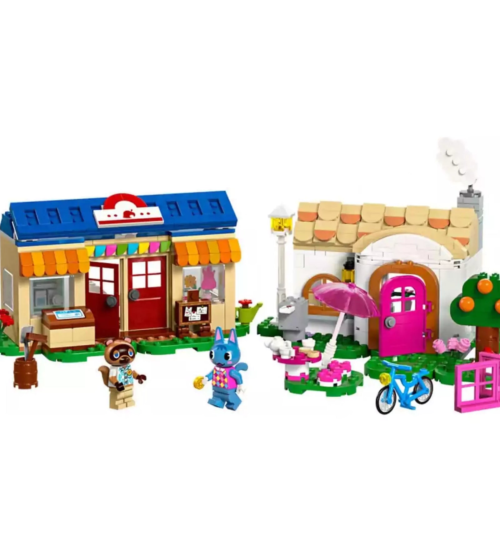 GO Animal Crossing Nook boltja és Rosie háza (77050) épített jelenet – LEGO jelenet Nook’s Cranny boltjával, Rosie rózsaszín ajtós házával, biciklivel, narancsfával és három minifigurával: Tom Nook, Rosie és egy fehér macska.