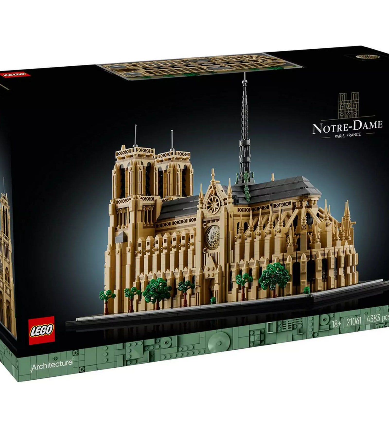 LEGO Architecture Notre-Dame de Paris (21061) készlet doboza, amelyen a teljes modell látható a felirattal: „Notre-Dame, Paris, France”.