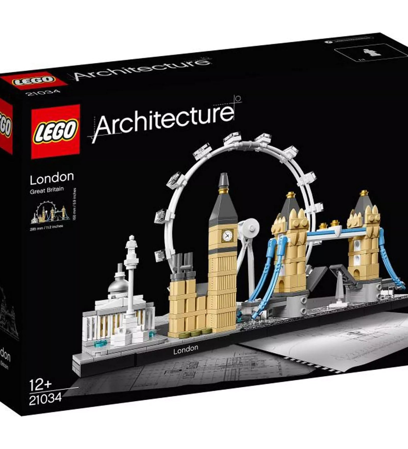 LEGO Architecture London (21034) dobozkép – A LEGO Architecture készlet elegáns fekete doboza, amely London híres építményeit ábrázolja, köztük a Big Ben-t, a London Eye-t és a Tower Bridge-et.