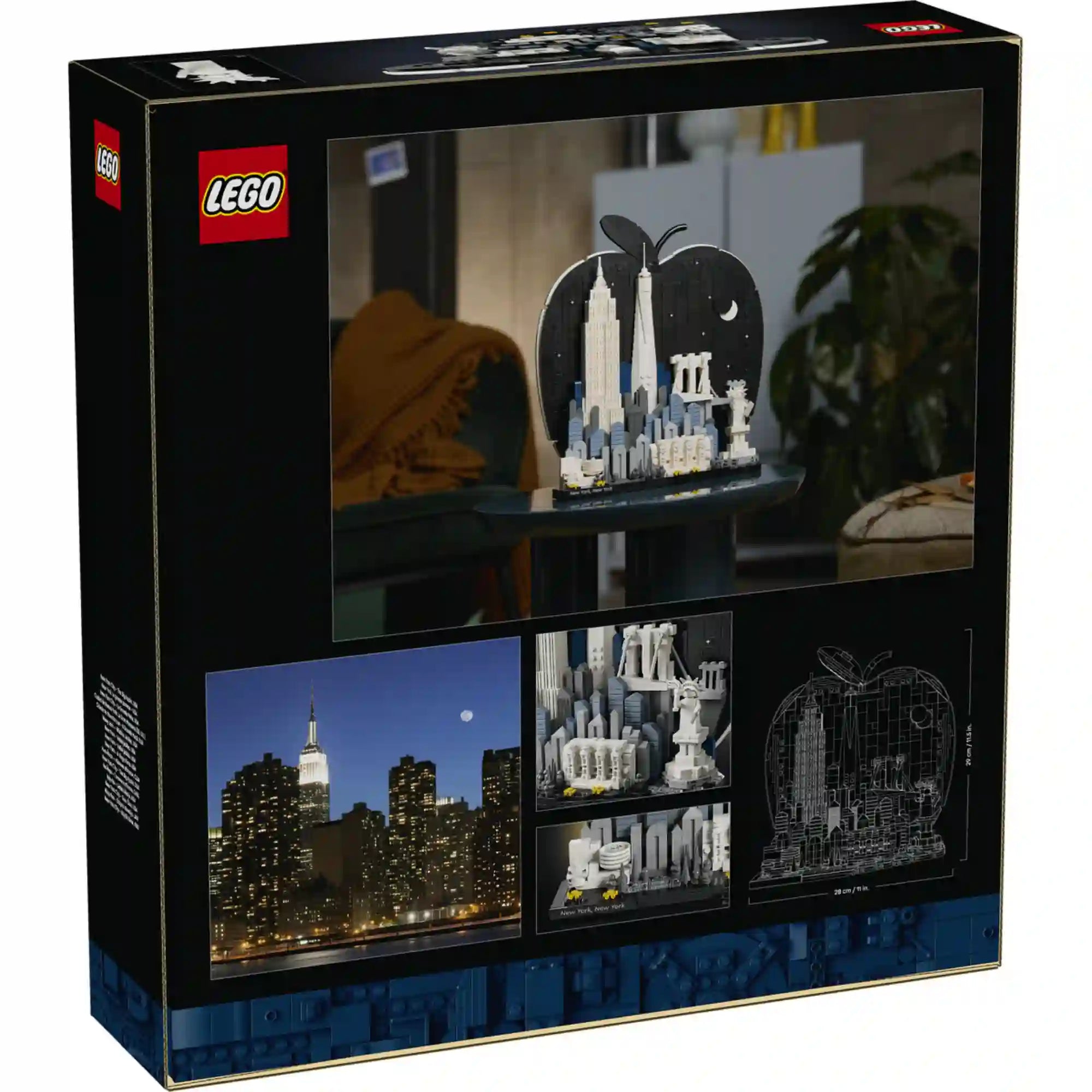 LEGO Architecture New York City – The Big Apple 21066 készlet hátoldali dobozképe, amely bemutatja a megépített New York városképet, a díszmodell méreteit és inspirációs fotóit.