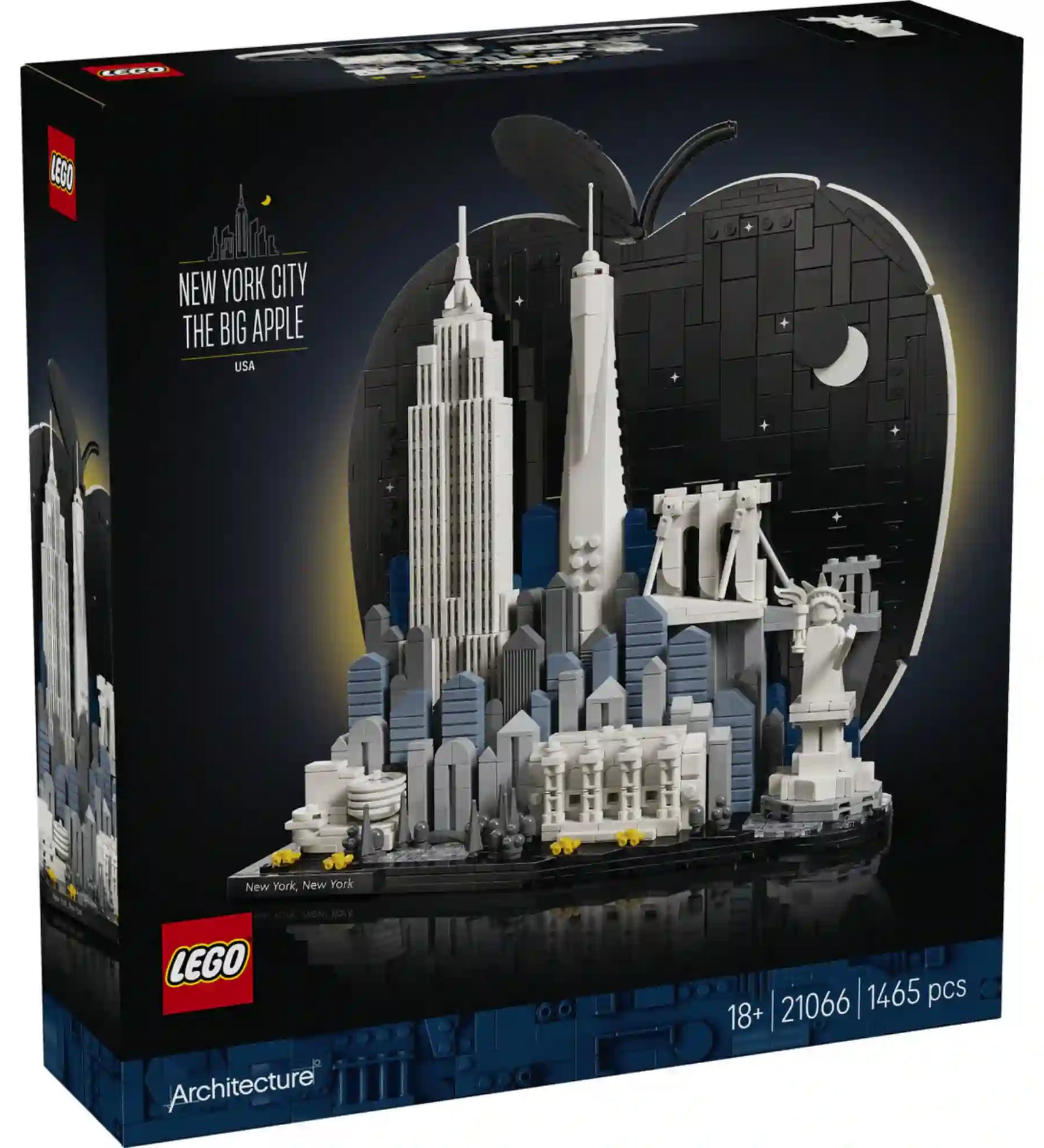 LEGO Architecture New York City – The Big Apple 21066 készlet elölnézeti dobozképe, amely a város sziluettjét és az alma formájú háttérelemet mutatja be.