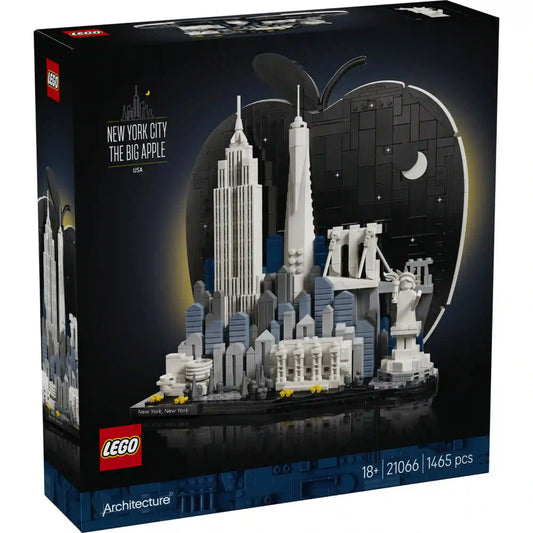 LEGO Architecture New York City – The Big Apple 21066 készlet elölnézeti dobozképe, amely a város sziluettjét és az alma formájú háttérelemet mutatja be.