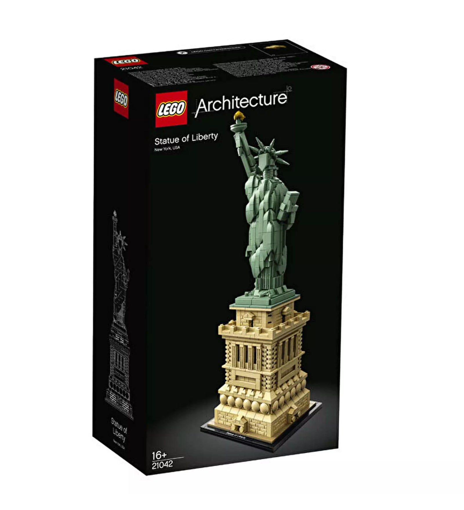 LEGO Architecture Szabadság-szobor (21042) készlet fekete doboza, rajta a részletesen megépített modell képe, zöld szoborral és díszes, bézs talapzattal.