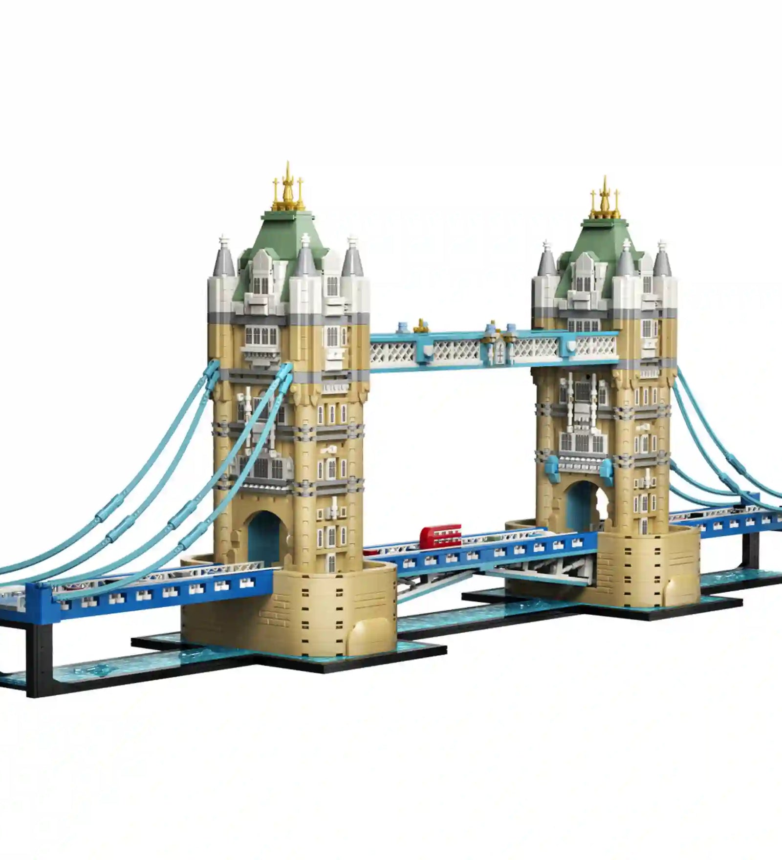 A LEGO Architecture Tower Bridge 21067 megépített londoni Tower Bridge modellje részletgazdag tornyokkal és felnyitható híddal.