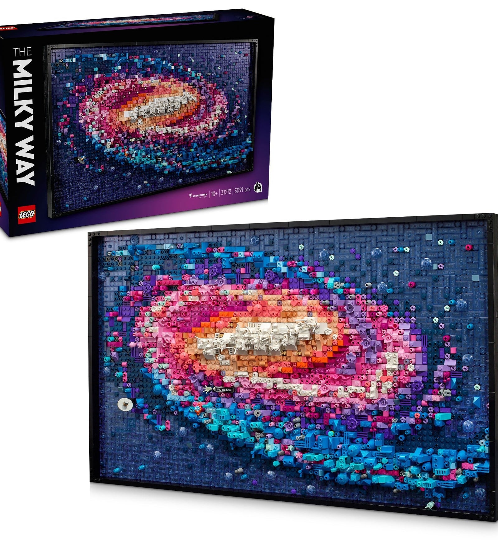 A LEGO Art A Tejútrendszer (31212) készlet és a doboza együtt látható, a részletgazdag, 3D hatású LEGO mozaikképpel, amely a galaxis központját mutatja.