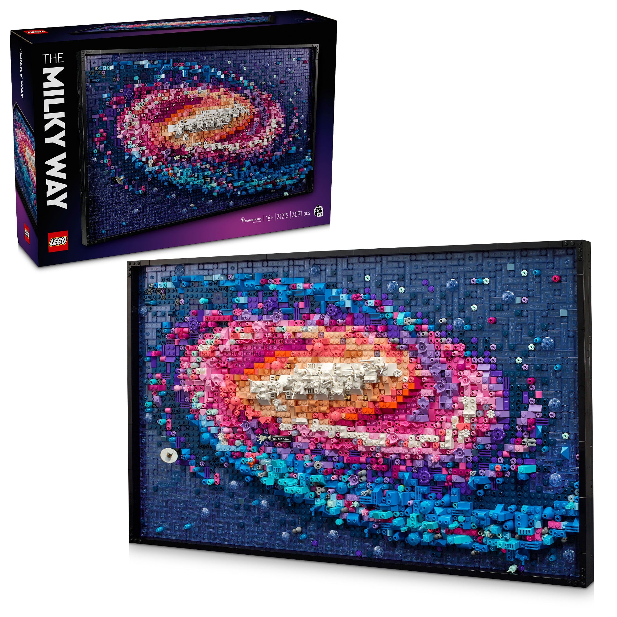A LEGO Art A Tejútrendszer (31212) készlet és a doboza együtt látható, a részletgazdag, 3D hatású LEGO mozaikképpel, amely a galaxis központját mutatja.