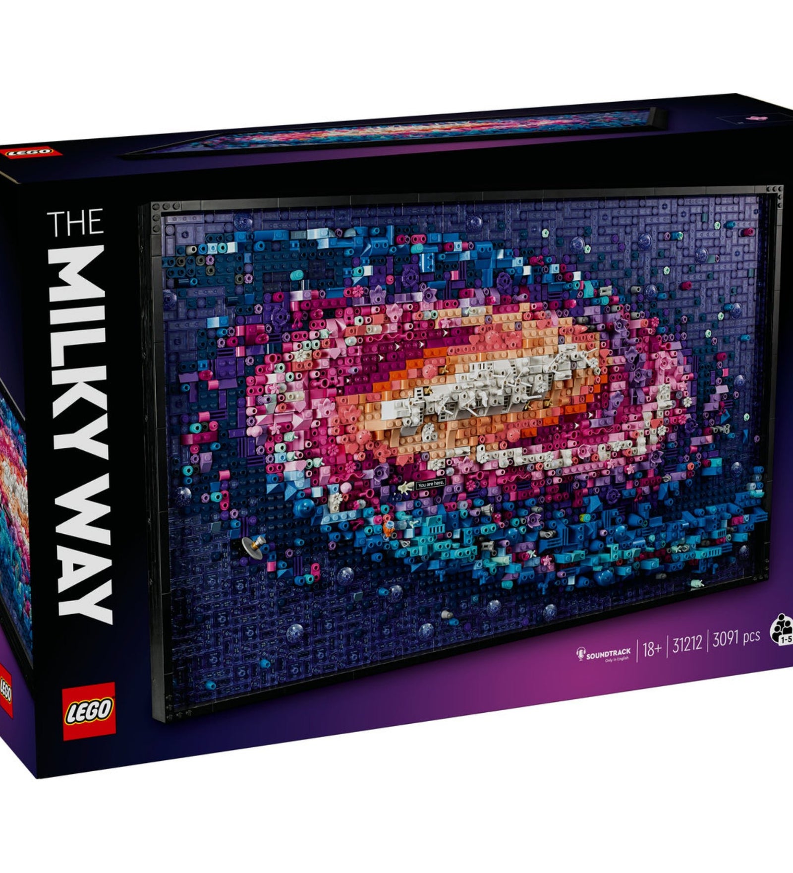 A LEGO Art A Tejútrendszer (31212) doboza, amelyen a színes, spirális galaxis mintázat látható, sötétlila háttérrel és modern dizájnnal.