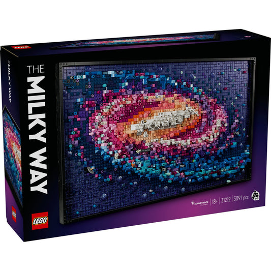 A LEGO Art A Tejútrendszer (31212) doboza, amelyen a színes, spirális galaxis mintázat látható, sötétlila háttérrel és modern dizájnnal.
