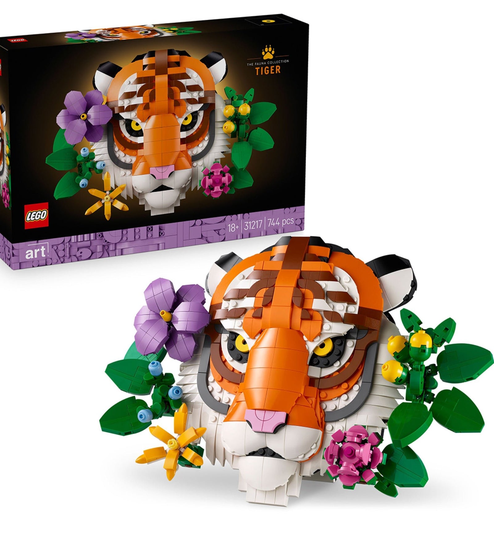 A LEGO Art: Tigris (31217) készlet, amely tartalmazza a teljesen összerakott tigrisfejet és a dobozát, színes növénydíszekkel kiegészítve.