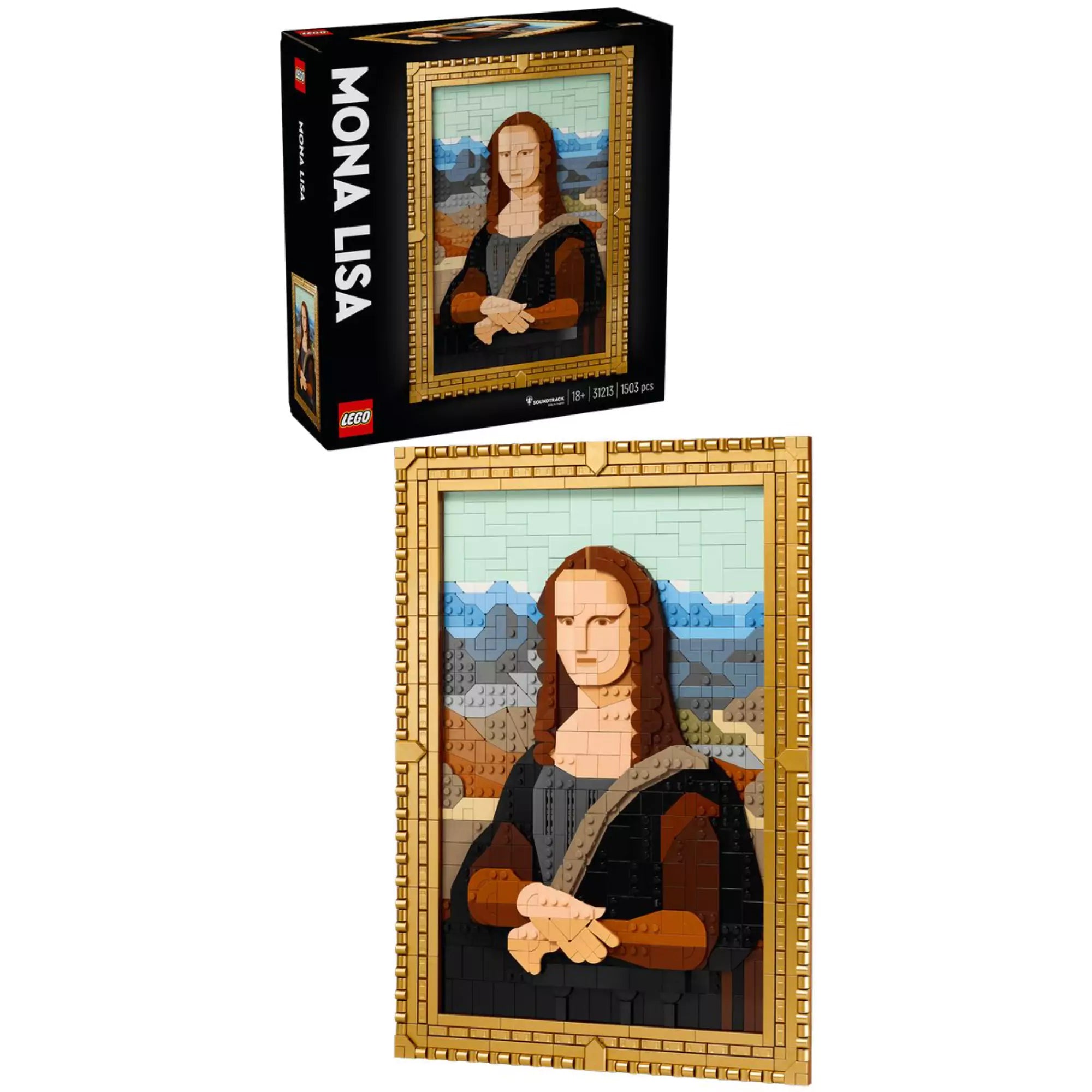 A LEGO Art Mona Lisa (31213) szett doboza és mellette a teljesen összerakott LEGO Mona Lisa portré, jól látható arányokkal és színekben.