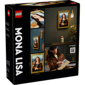 A LEGO Art Mona Lisa (31213) szett dobozának hátoldala, amely bemutatja az építés folyamatát, falra akasztott képet és egy relaxáló hanganyagra utaló QR-kódot.