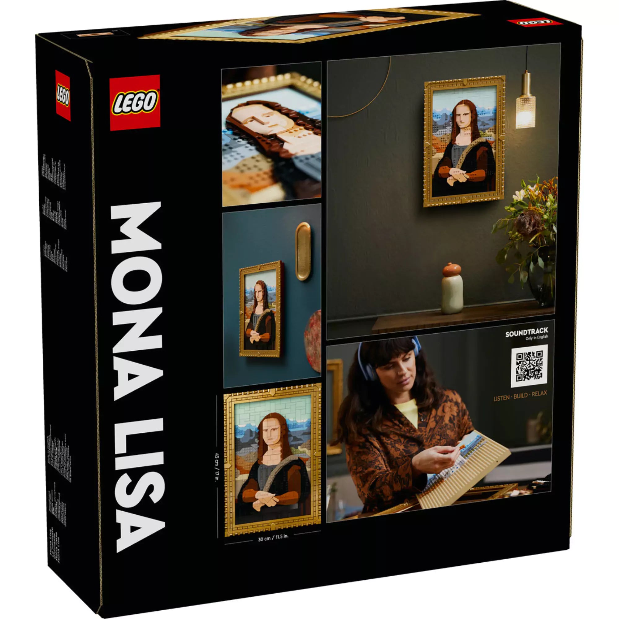 A LEGO Art Mona Lisa (31213) szett dobozának hátoldala, amely bemutatja az építés folyamatát, falra akasztott képet és egy relaxáló hanganyagra utaló QR-kódot.