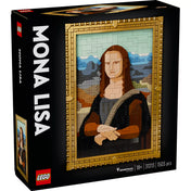 Fekete háttéren a LEGO Art Mona Lisa (31213) szett doboza, rajta a LEGO elemekből kirakott Mona Lisa portré arany keretben, 1503 darabbal.