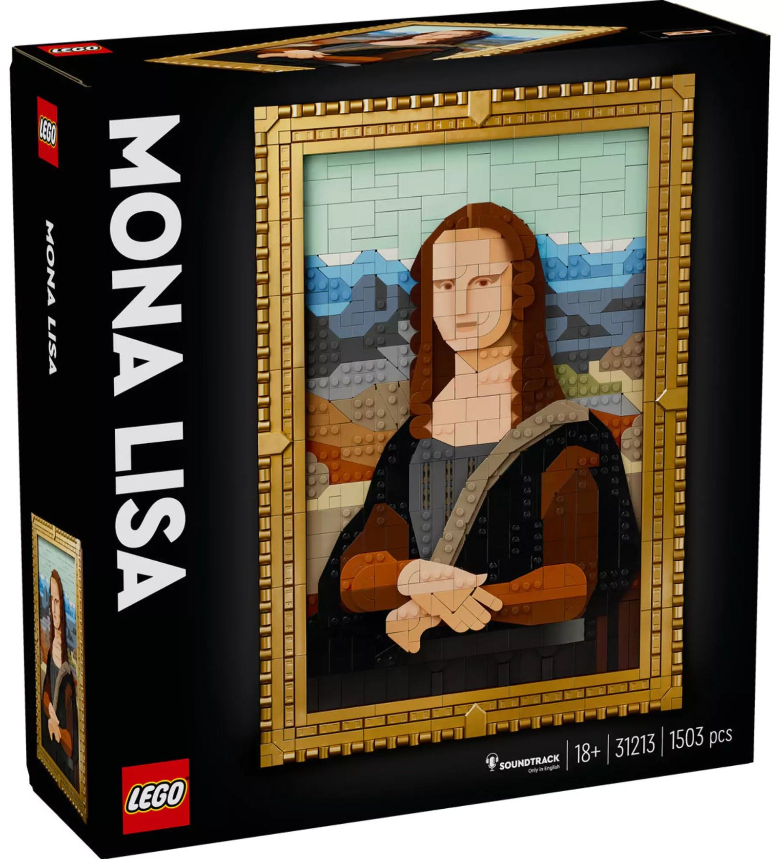 Fekete háttéren a LEGO Art Mona Lisa (31213) szett doboza, rajta a LEGO elemekből kirakott Mona Lisa portré arany keretben, 1503 darabbal.
