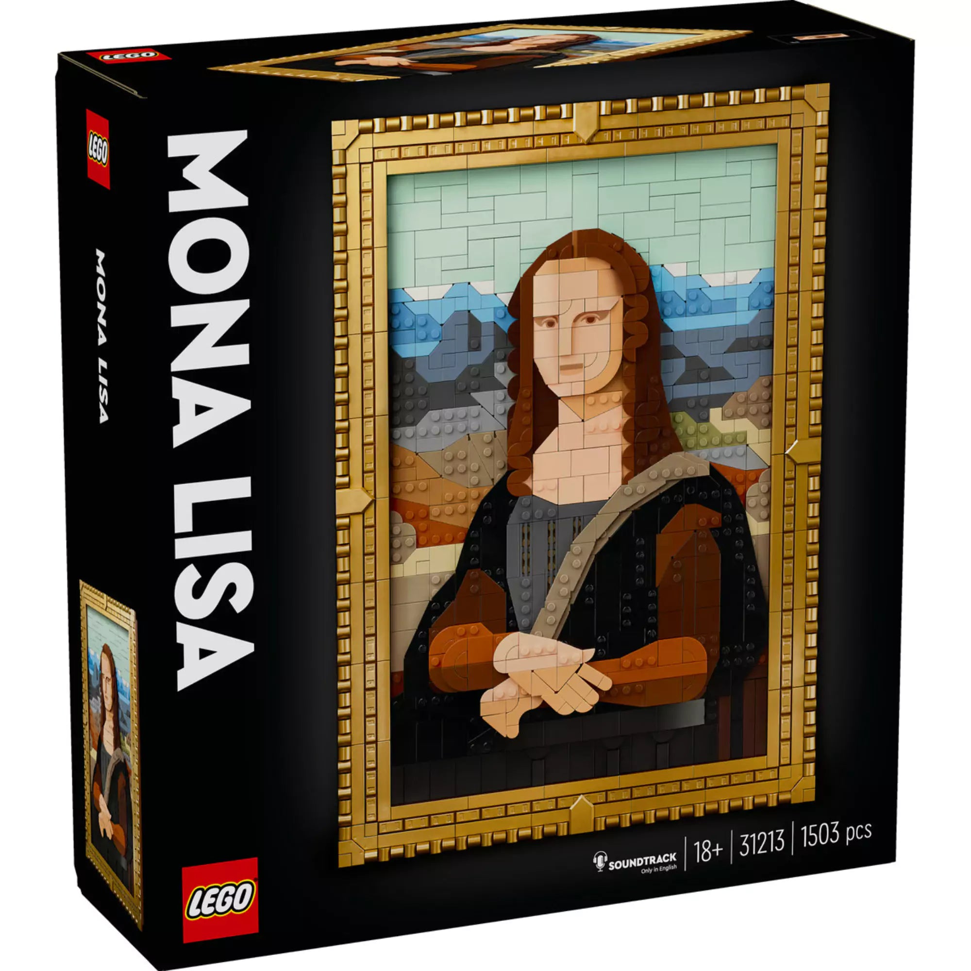 Fekete háttéren a LEGO Art Mona Lisa (31213) szett doboza, rajta a LEGO elemekből kirakott Mona Lisa portré arany keretben, 1503 darabbal.