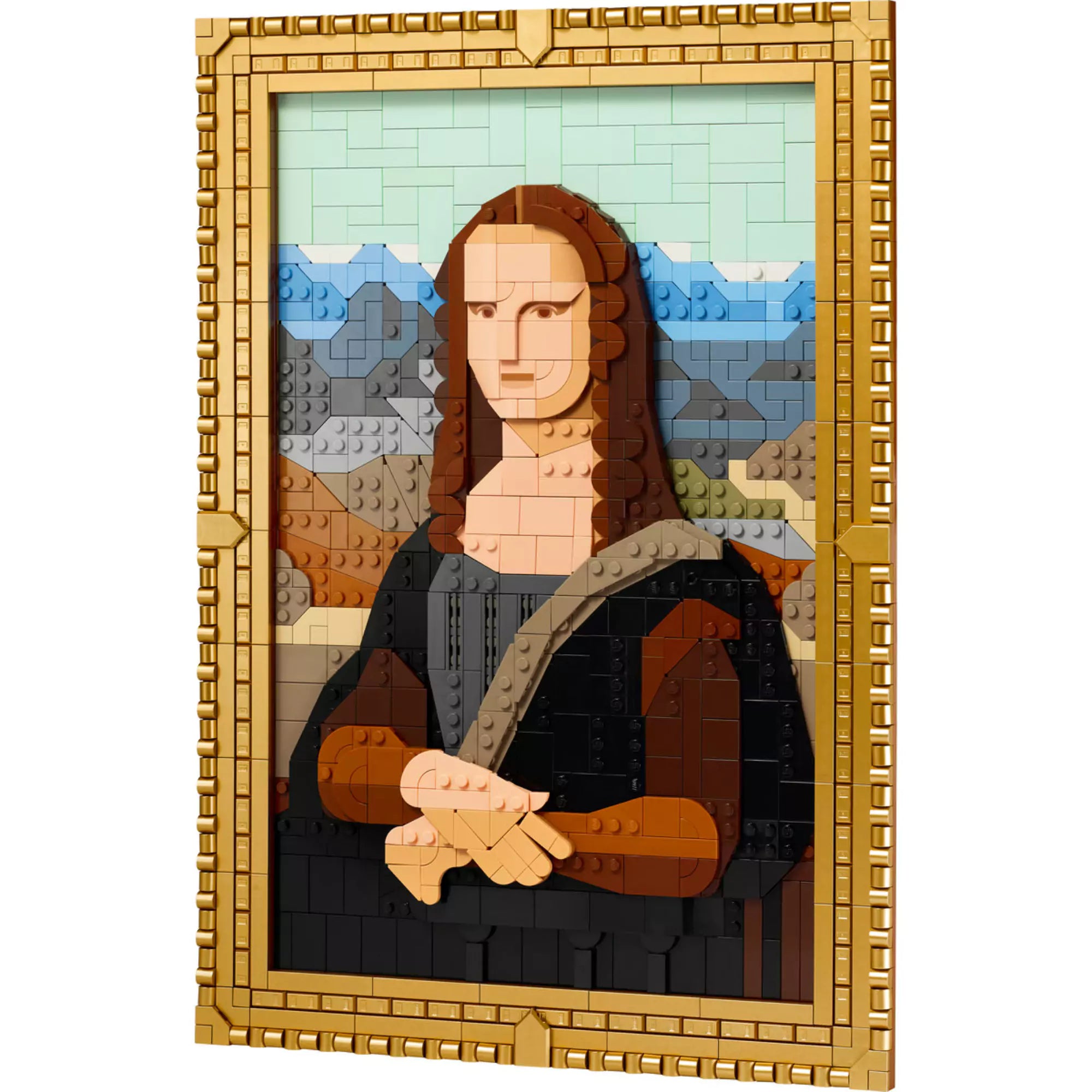 A LEGO Art Mona Lisa (31213) szett teljesen kirakott változata, részletesen kidolgozott portré LEGO elemekből, arany szegéllyel keretezve.