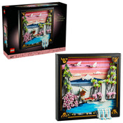 LEGO Art Japanese Cherry Blossom Landscape (31218) készlet doboza és a kész műalkotás, japán tájképpel, vízeséssel és cseresznyevirágokkal.