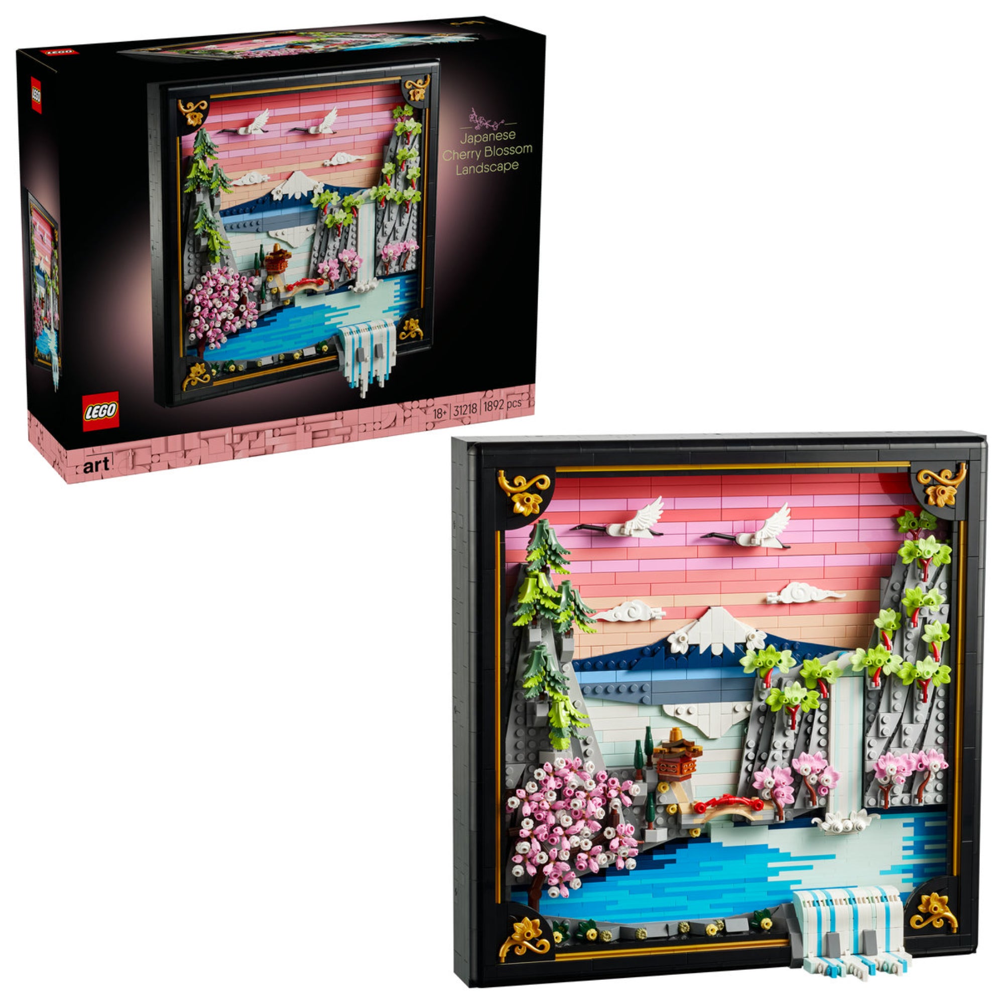 LEGO Art Japanese Cherry Blossom Landscape (31218) készlet doboza és a kész műalkotás, japán tájképpel, vízeséssel és cseresznyevirágokkal.