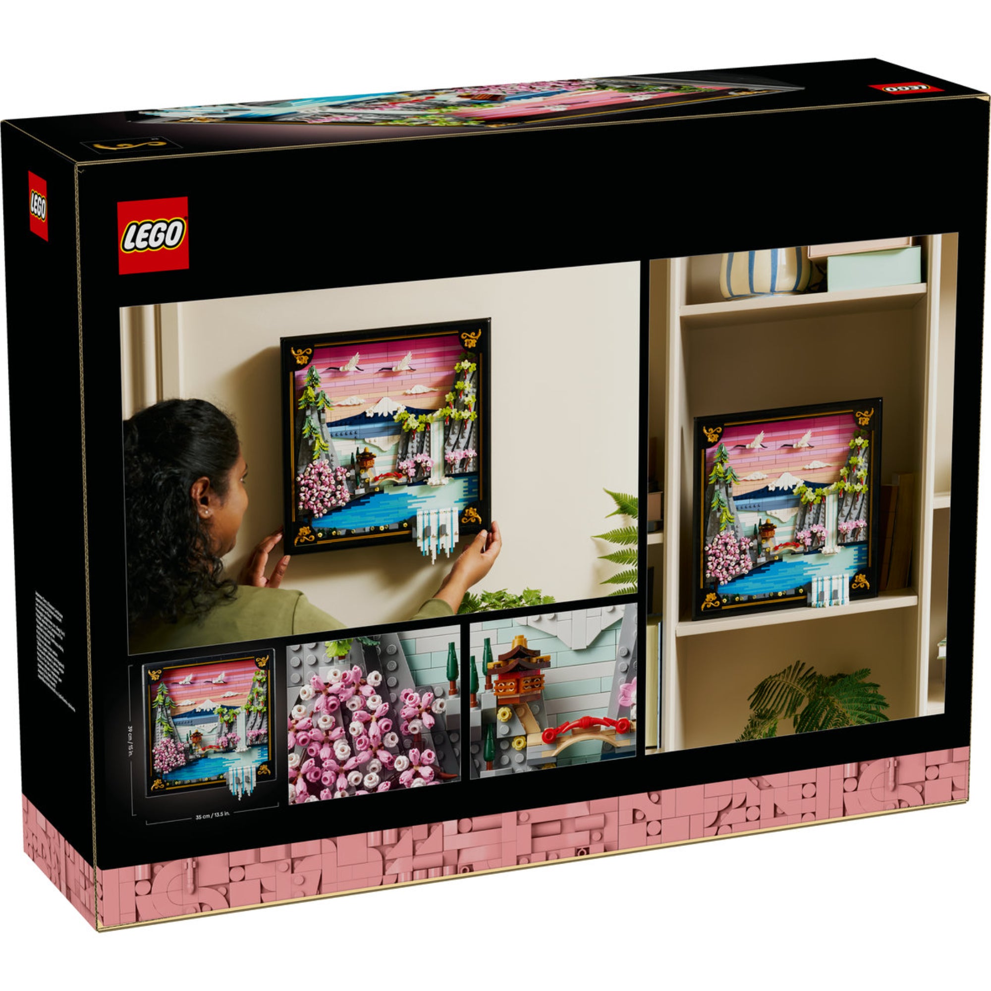LEGO Art Japanese Cherry Blossom Landscape (31218) doboz hátoldala, falra helyezett dekorációval és részletfotókkal a virágokról és építési elemekről.