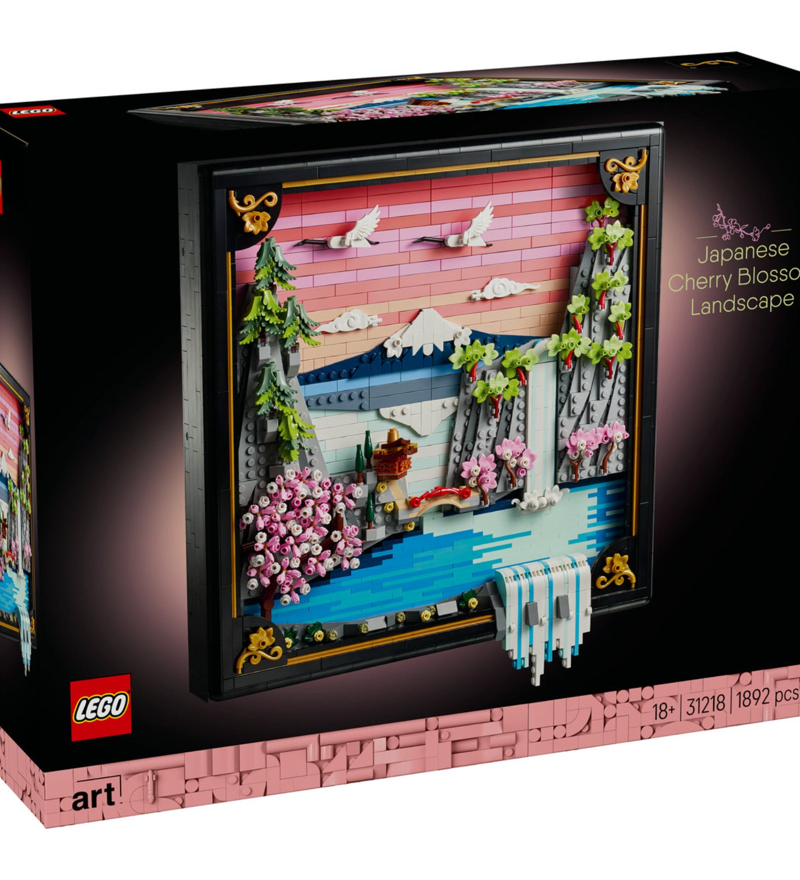 LEGO Art Japanese Cherry Blossom Landscape (31218) csomagolása elölről, részletes 3D falikép látványával és elegáns fekete keretben.