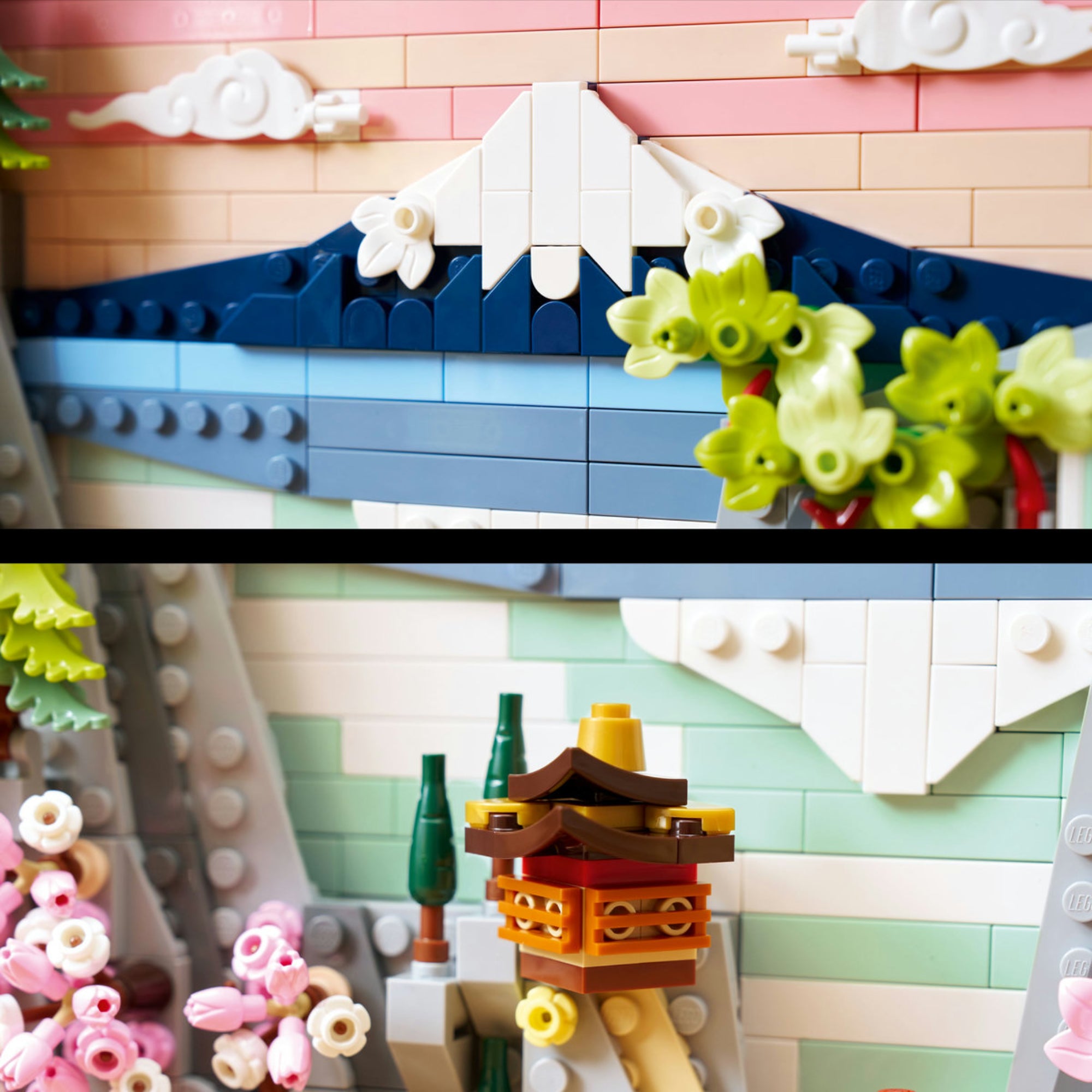 LEGO Art Japanese Cherry Blossom Landscape (31218) készlet részletfotó, hegyekkel, felhőkkel és virágzó növényekkel kialakított dekoratív jelenettel.