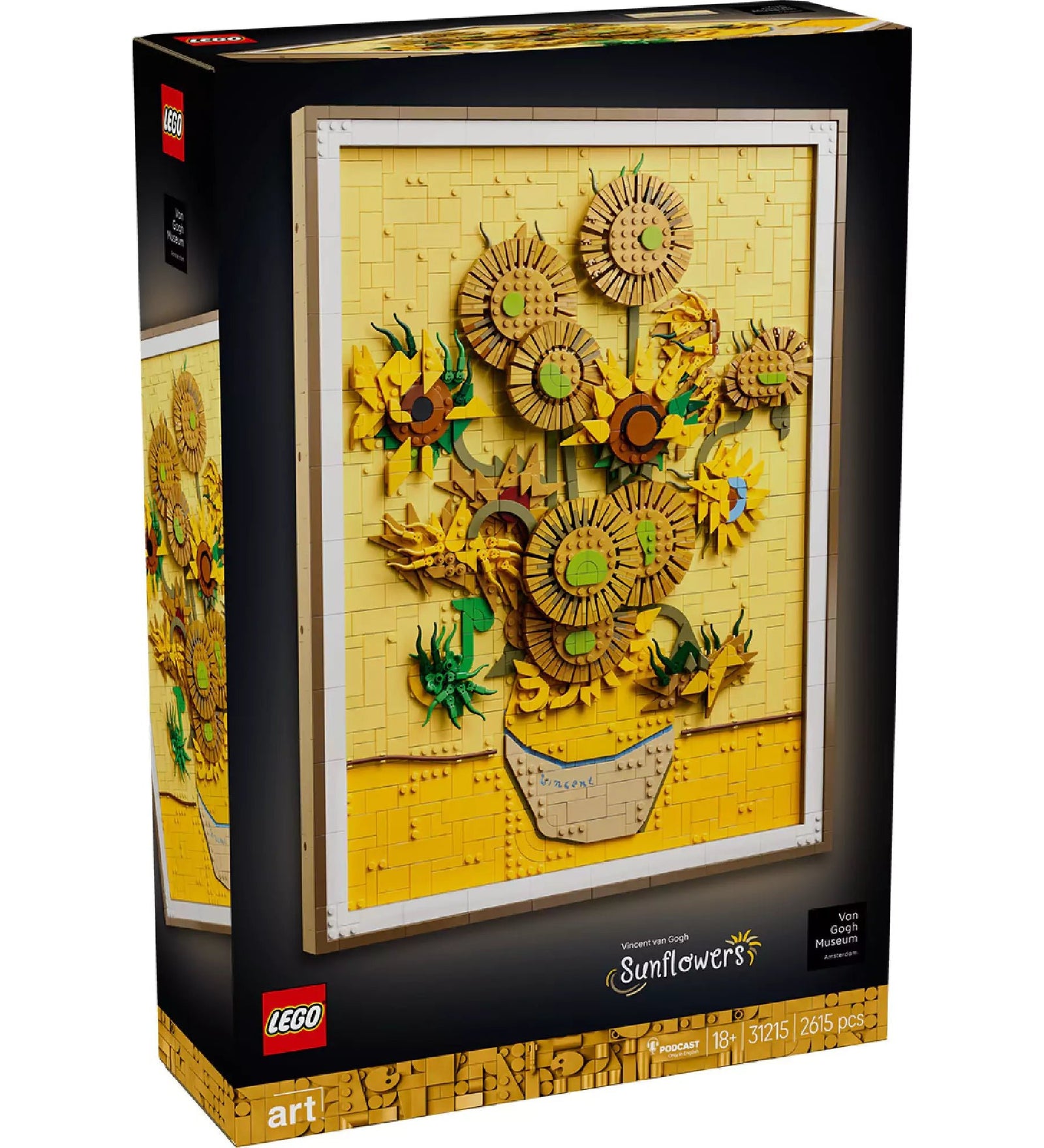 A LEGO Art Vincent van Gogh: Napraforgók (31215) doboza oldalnézetből, jól látható a színes, háromdimenziós napraforgó csendélet LEGO építmény a sötét háttér előtt.