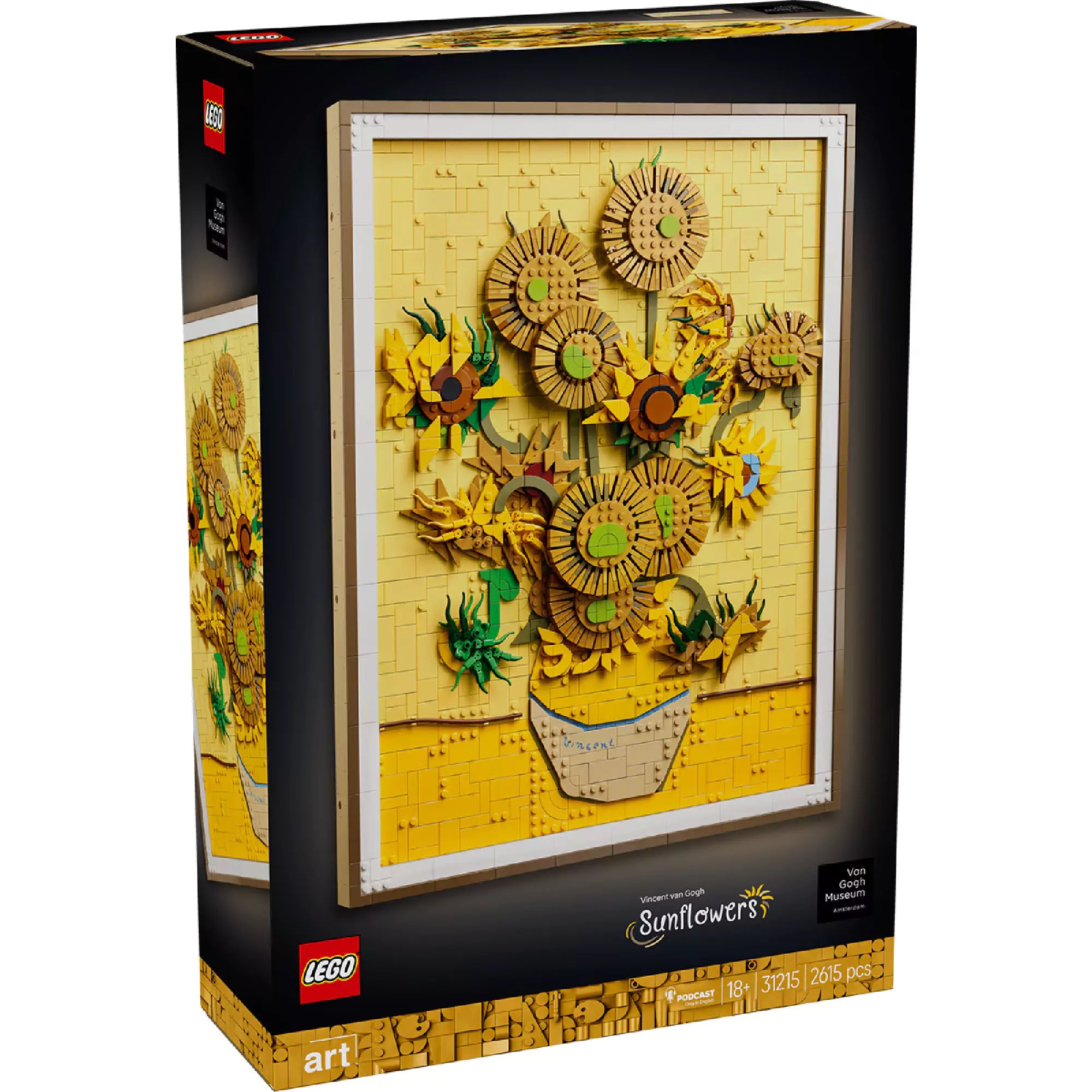 A LEGO Art Vincent van Gogh: Napraforgók (31215) doboza oldalnézetből, jól látható a színes, háromdimenziós napraforgó csendélet LEGO építmény a sötét háttér előtt.