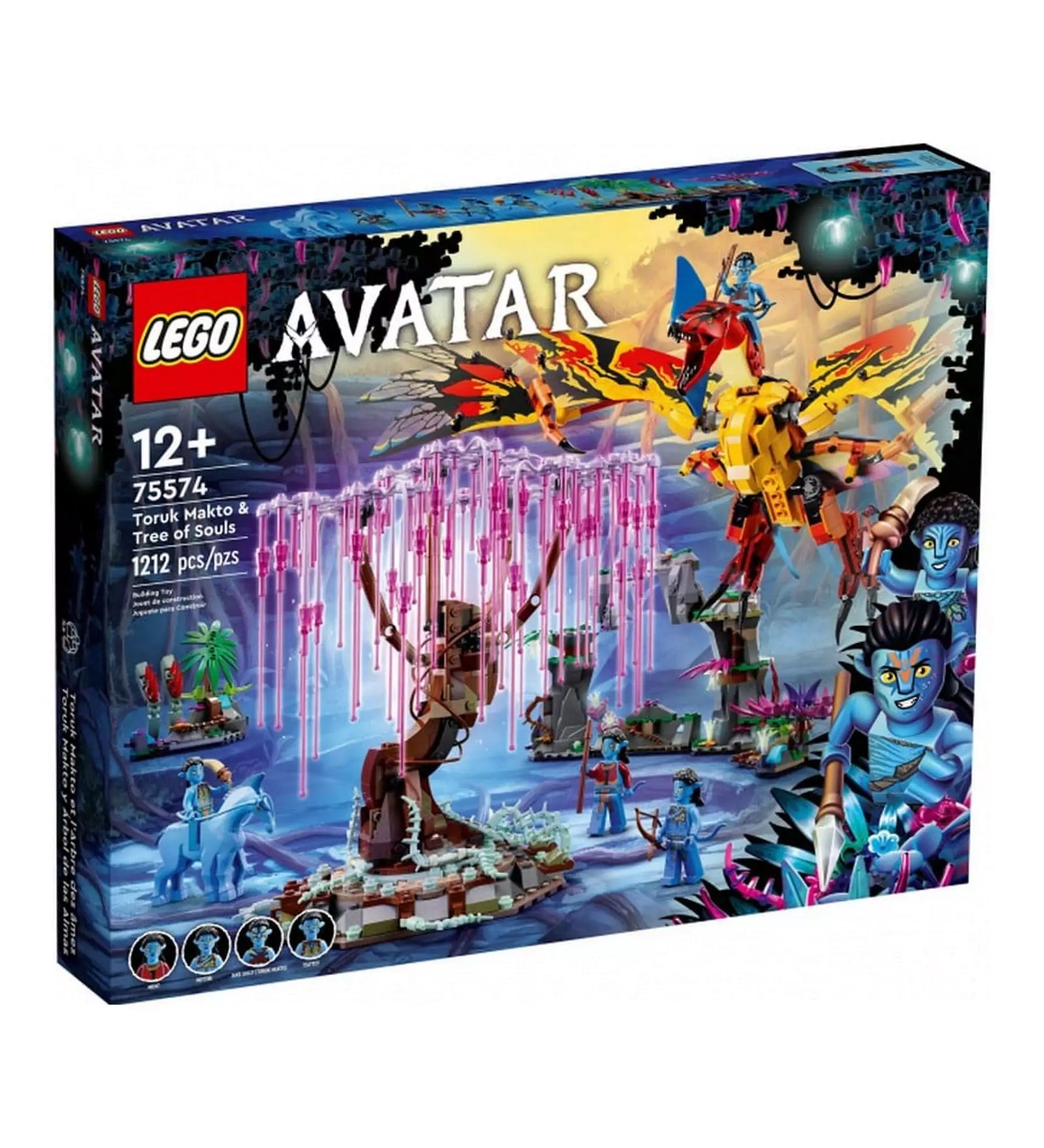 LEGO Avatar Toruk Makto & Tree of Souls (75574) készlet színes doboza, amelyen a szett fő elemei, köztük a Toruk, a Lélek Fája és több Na’vi figura is látható.