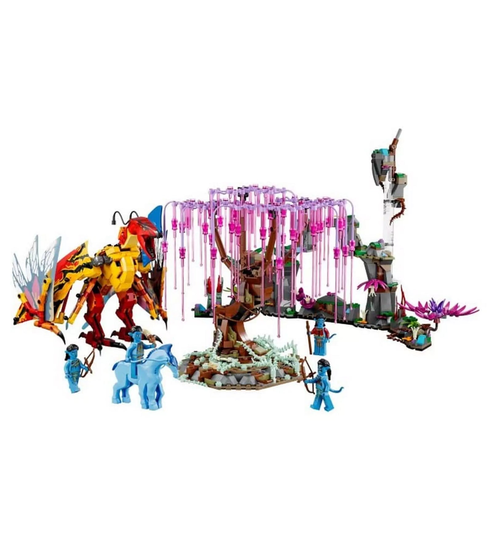 A LEGO Avatar Toruk Makto & Tree of Souls (75574) készletből összeállított Pandora-jelenet, középen a Lélek Fájával, mellette a Torukkal és a Na’vi figurákkal.