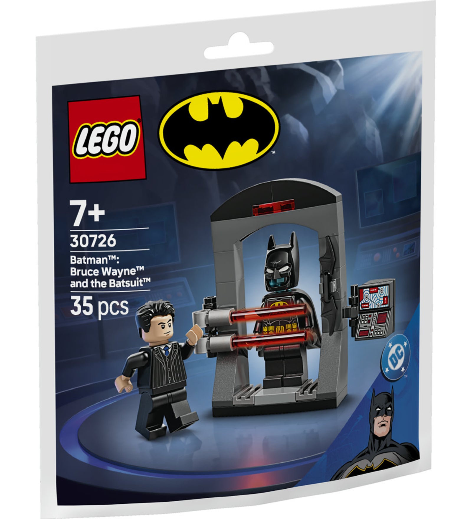 LEGO Batman Bruce Wayne and the Batsuit (30726) készlet csomagolása, Batman és Bruce Wayne minifigurákkal, Batsuit állomással és kiegészítőkkel.