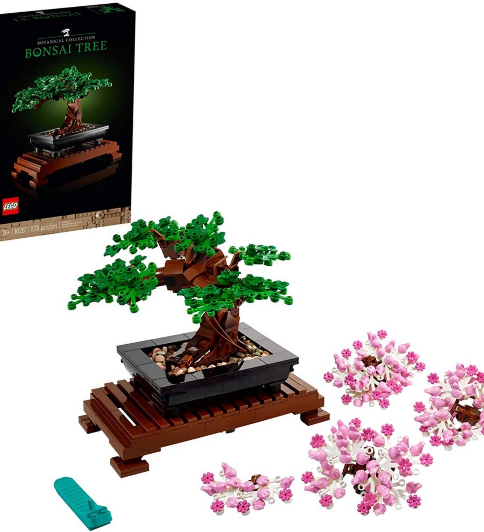 LEGO 10281 Bonsai Tree készlet zöld lombos változatban, rózsaszín cseresznyevirág elemekkel kiegészítve, dobozzal a háttérben